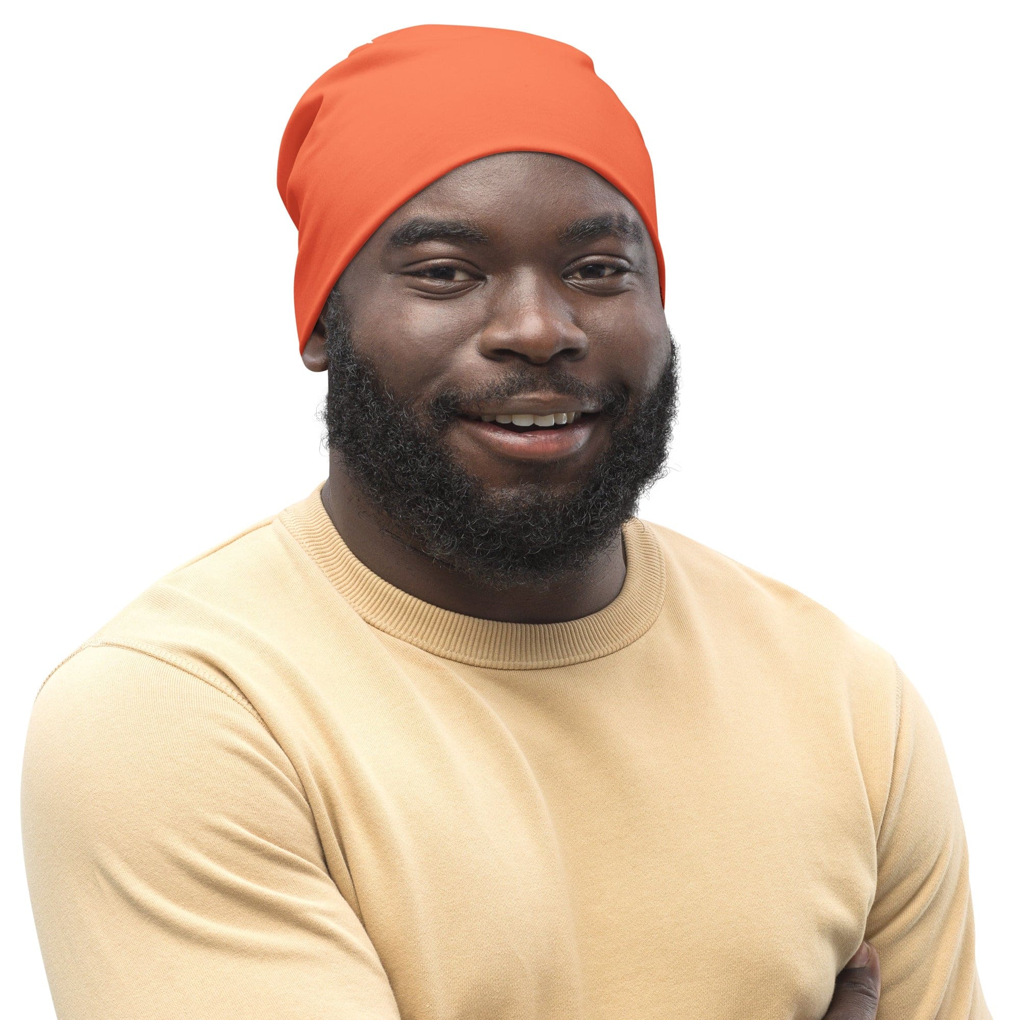 A vibrant coral orange red double-layered beanie hat, showcasing its soft fabric and stylish design, perfect for winter wear.