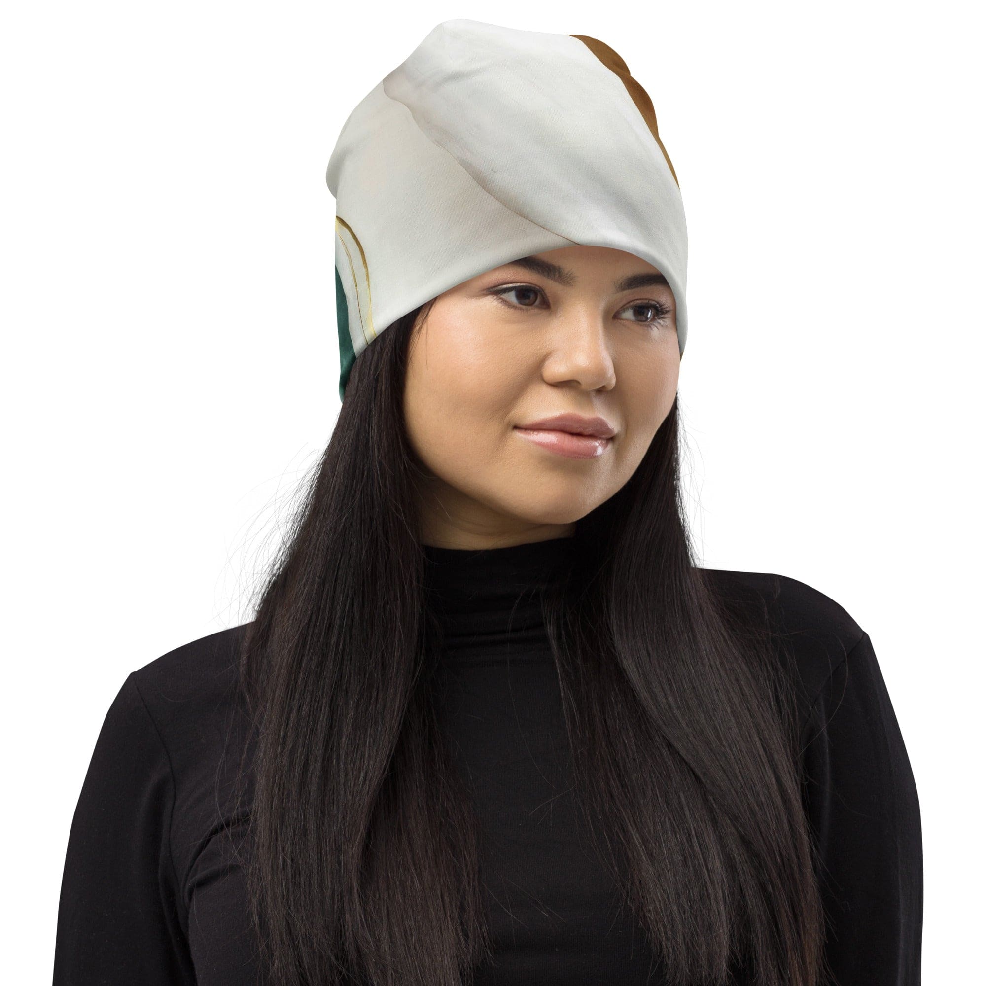 Double-layered beanie hat in cream white and green marbled print, showcasing its soft fabric and stylish design.