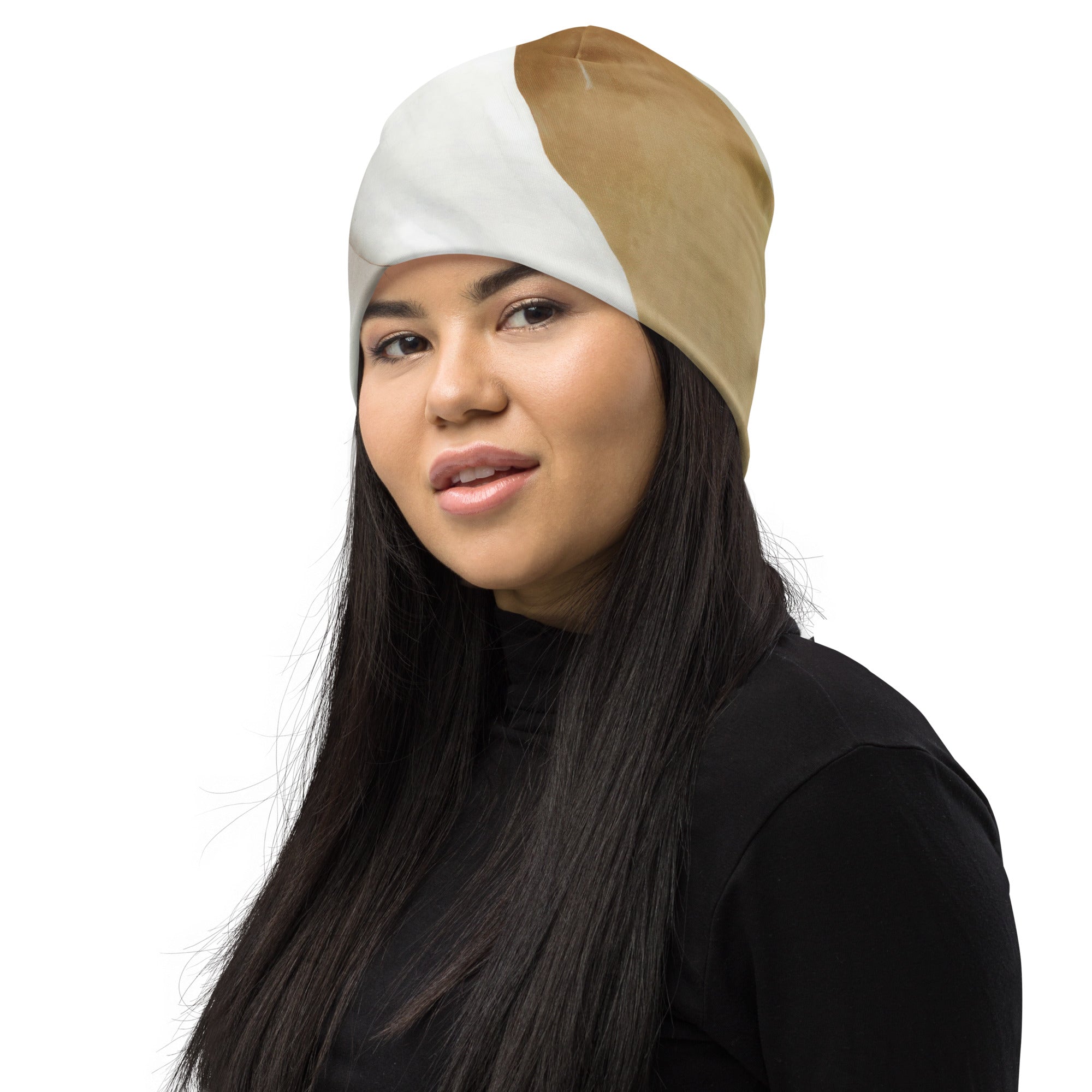 Double-layered beanie hat in cream white and green marbled print, showcasing its soft fabric and stylish design.