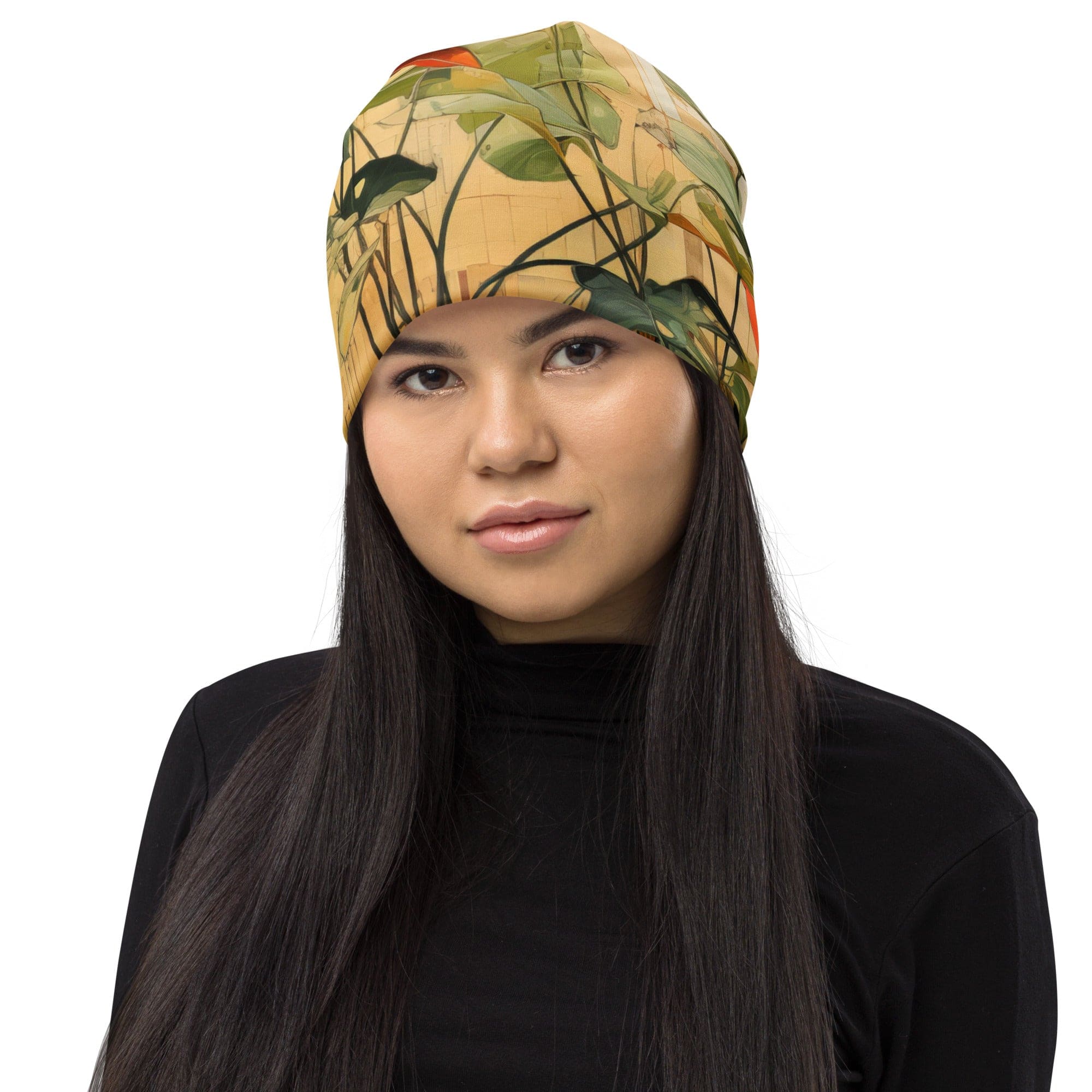 Double-layered beanie hat with earthy rustic potted plants print, showcasing a stylish and cozy design.