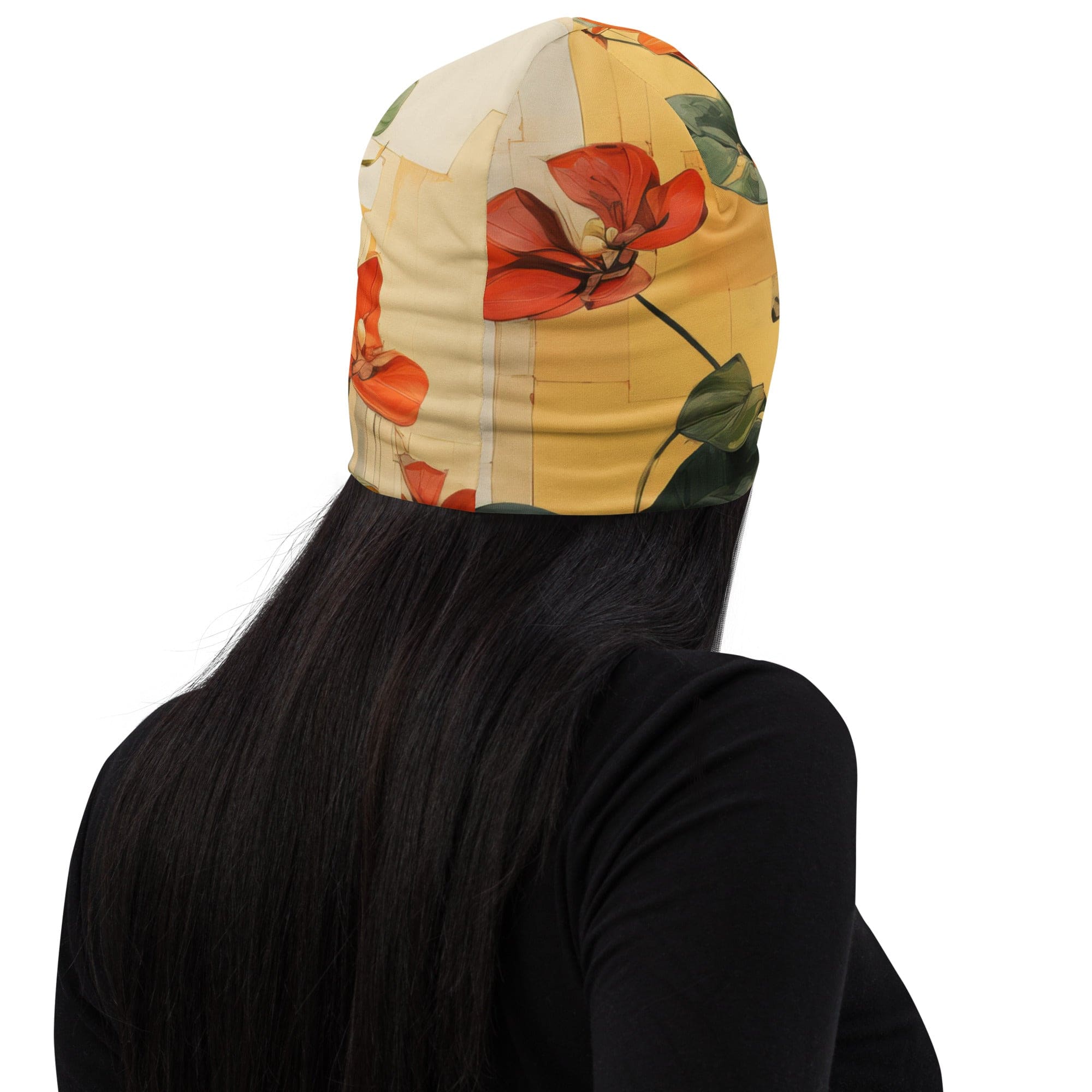 Double-layered beanie hat with earthy rustic potted plants print, showcasing a stylish and cozy design.