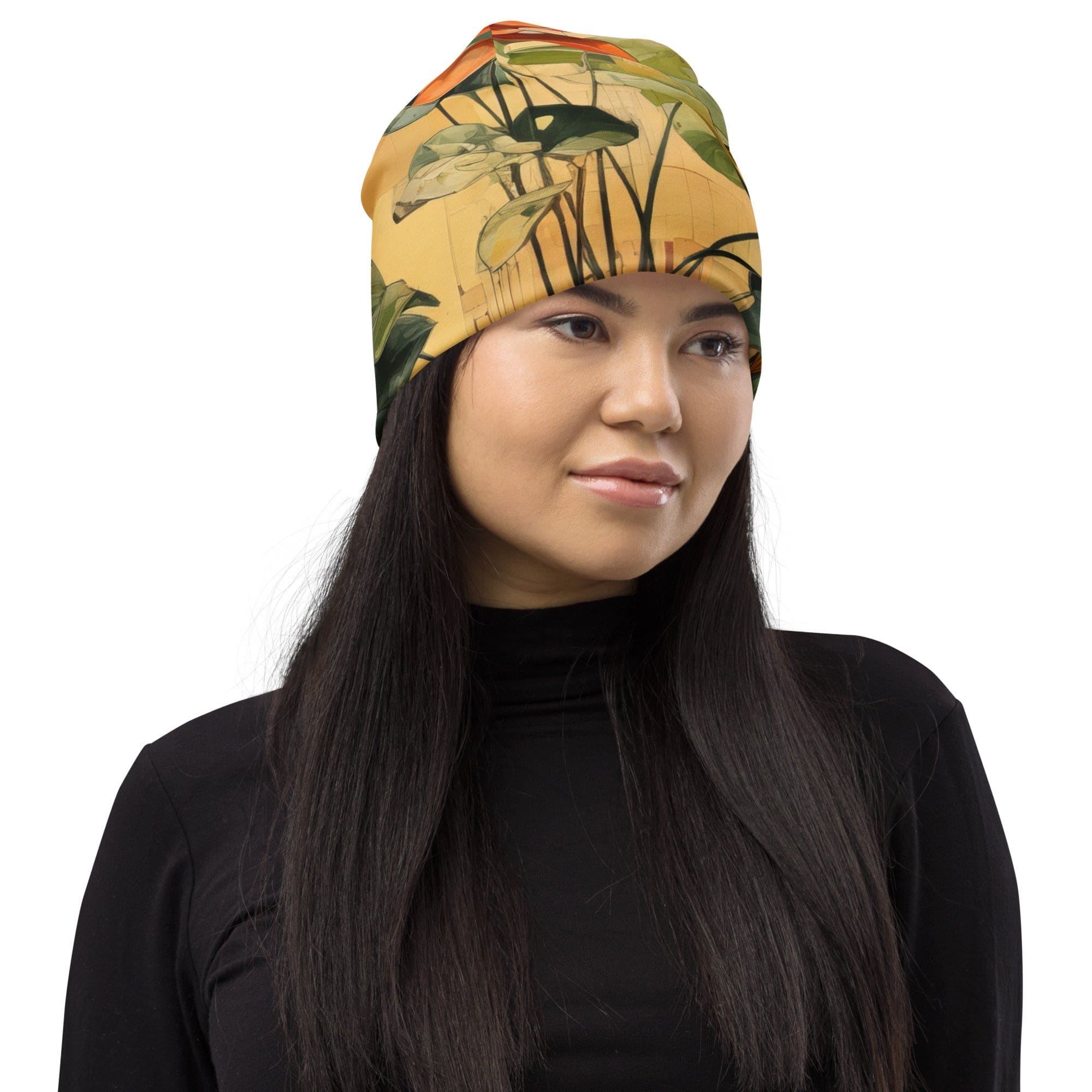 Double-layered beanie hat with earthy rustic potted plants print, showcasing a stylish and cozy design.