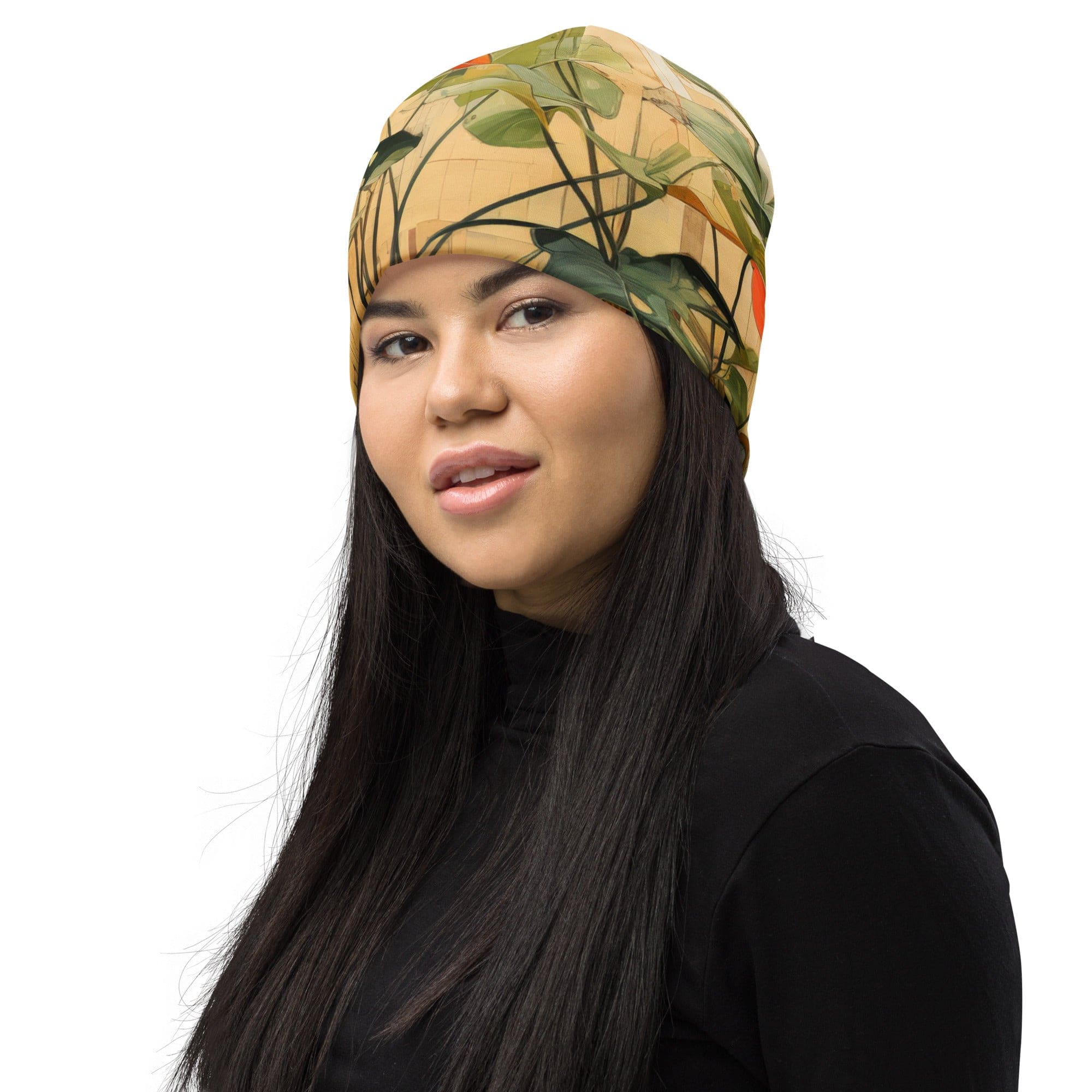 Double-layered beanie hat with earthy rustic potted plants print, showcasing a stylish and cozy design.