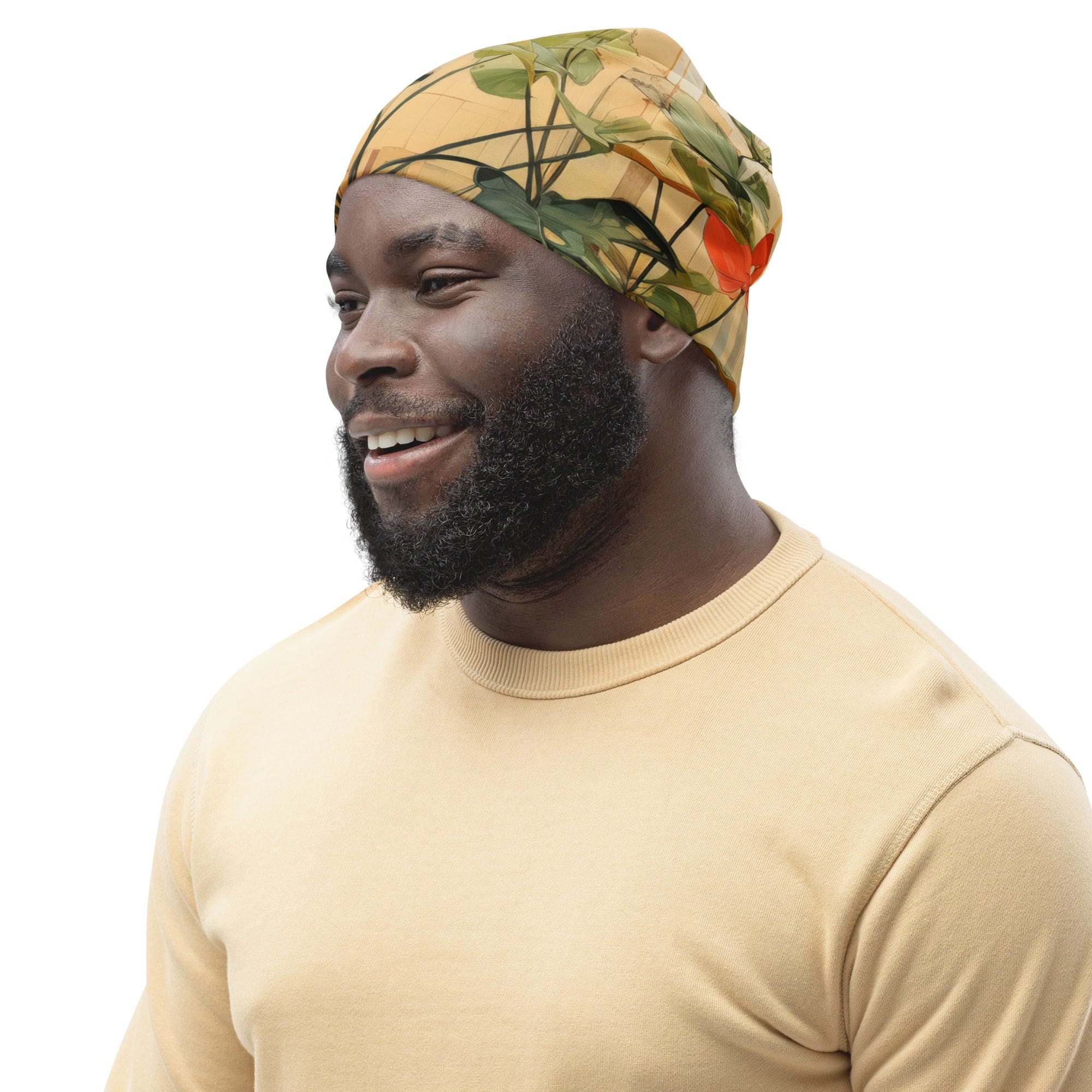 Double-layered beanie hat featuring an earthy rustic potted plants print, showcasing its soft fabric and stylish design.