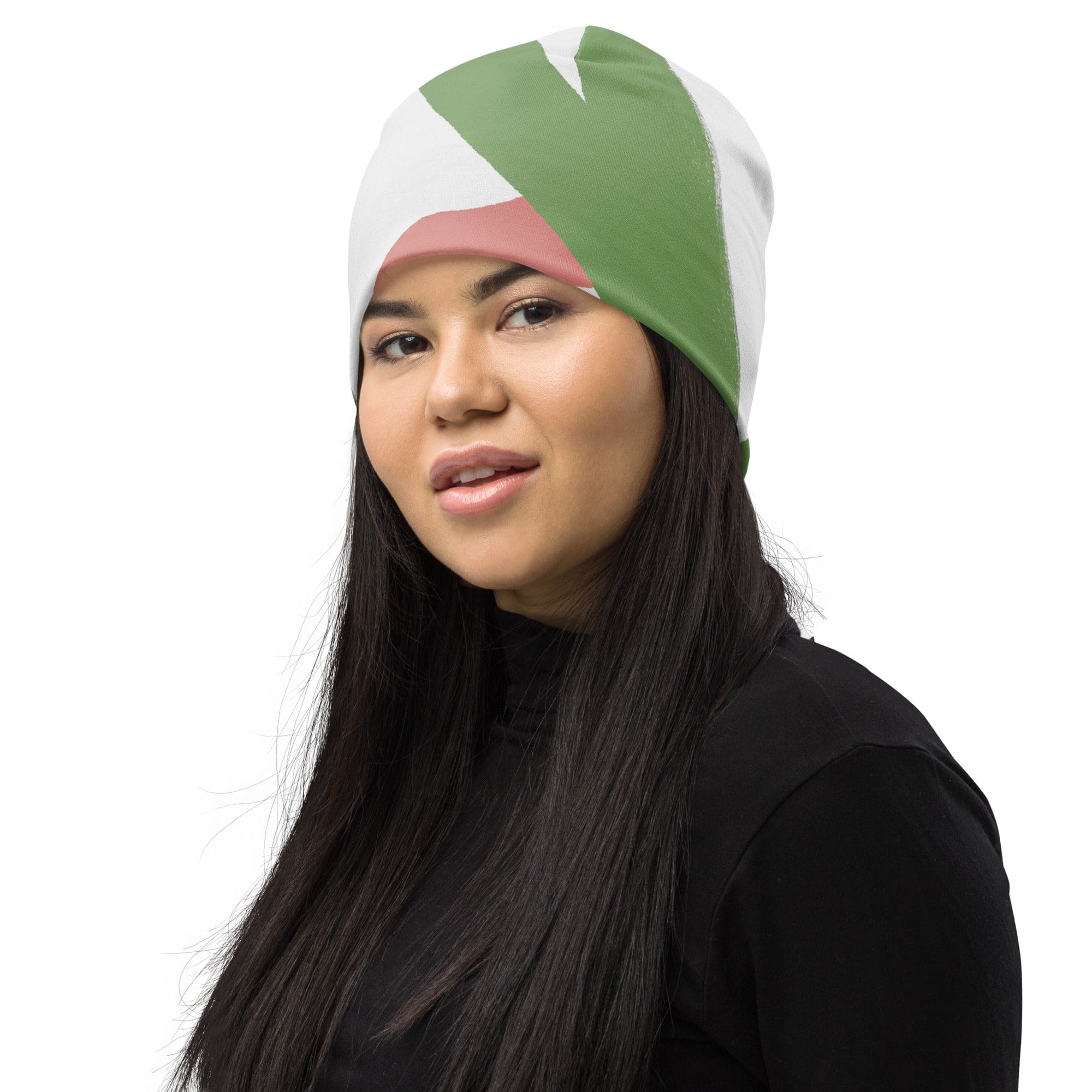 Double-layered beanie hat in green mauve abstract brush stroke pattern, showcasing its soft fabric and stylish design.