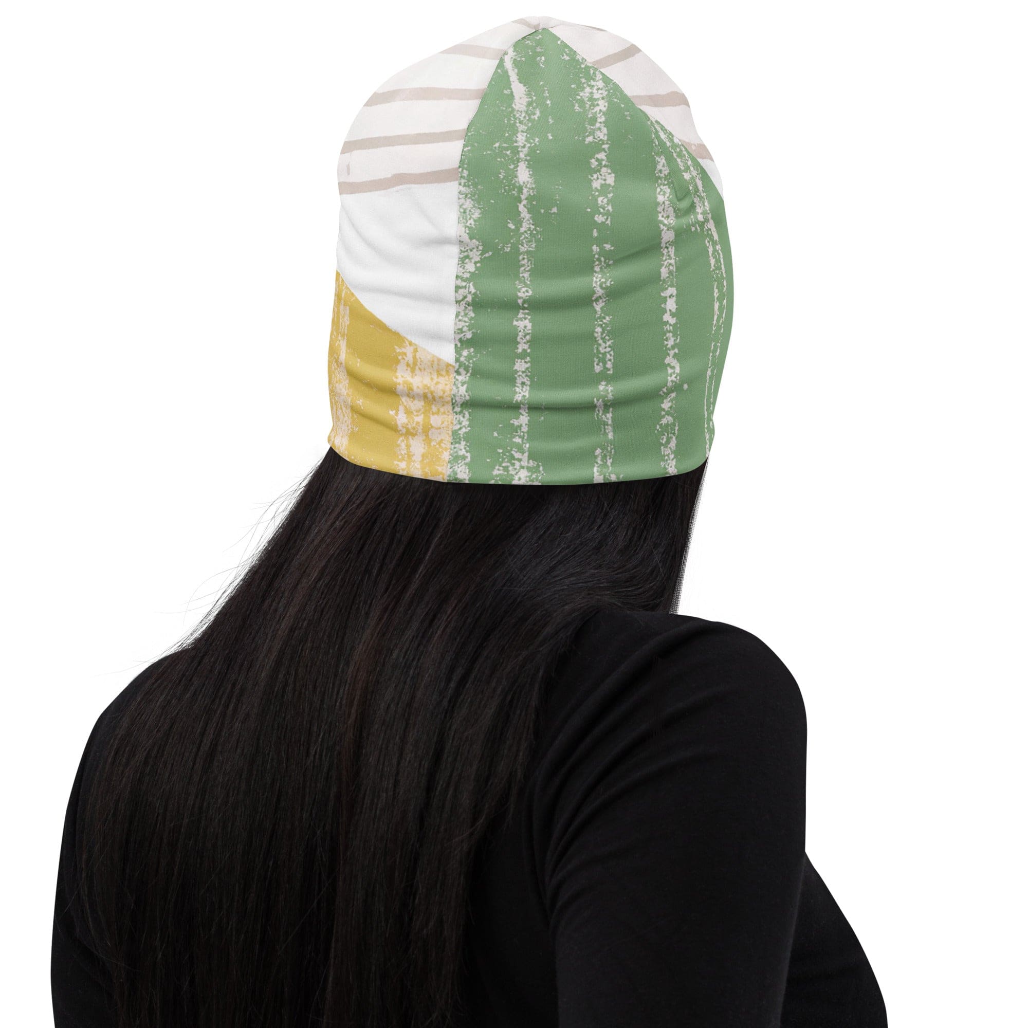 Double-layered green beanie hat with textured boho pattern, showcasing its soft fabric and stylish design.