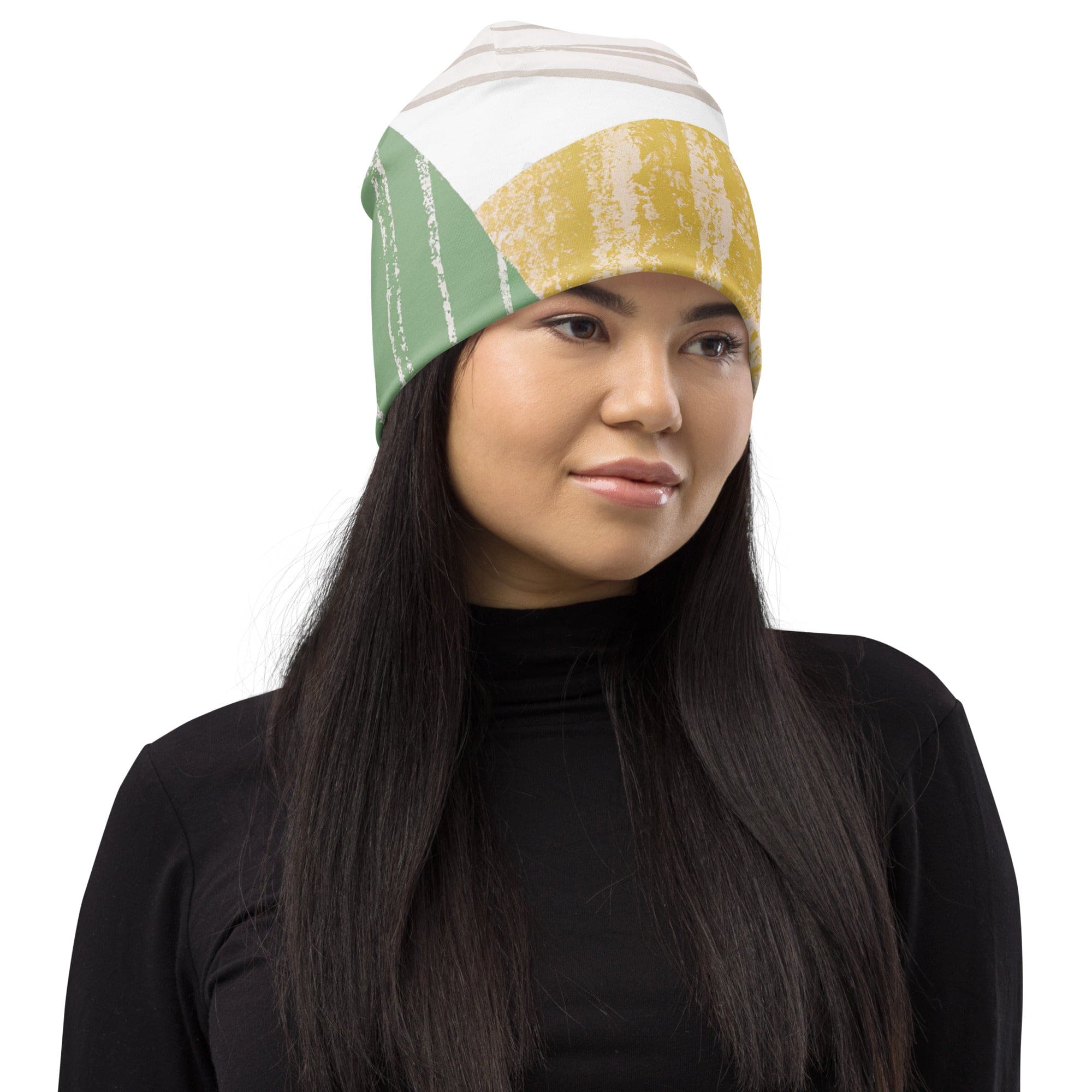 Double-layered green beanie hat with textured boho pattern, showcasing its soft fabric and stylish design.