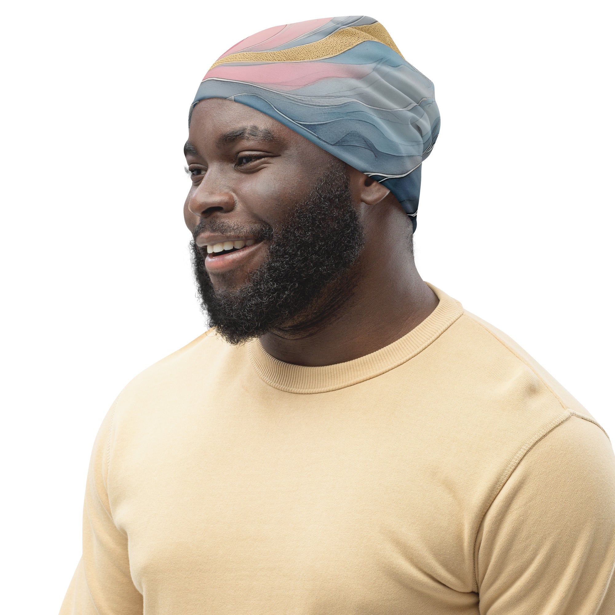 Double-layered beanie hat in marble cloud design featuring grey, pink, and blue colors, perfect for winter and stylish outfits.