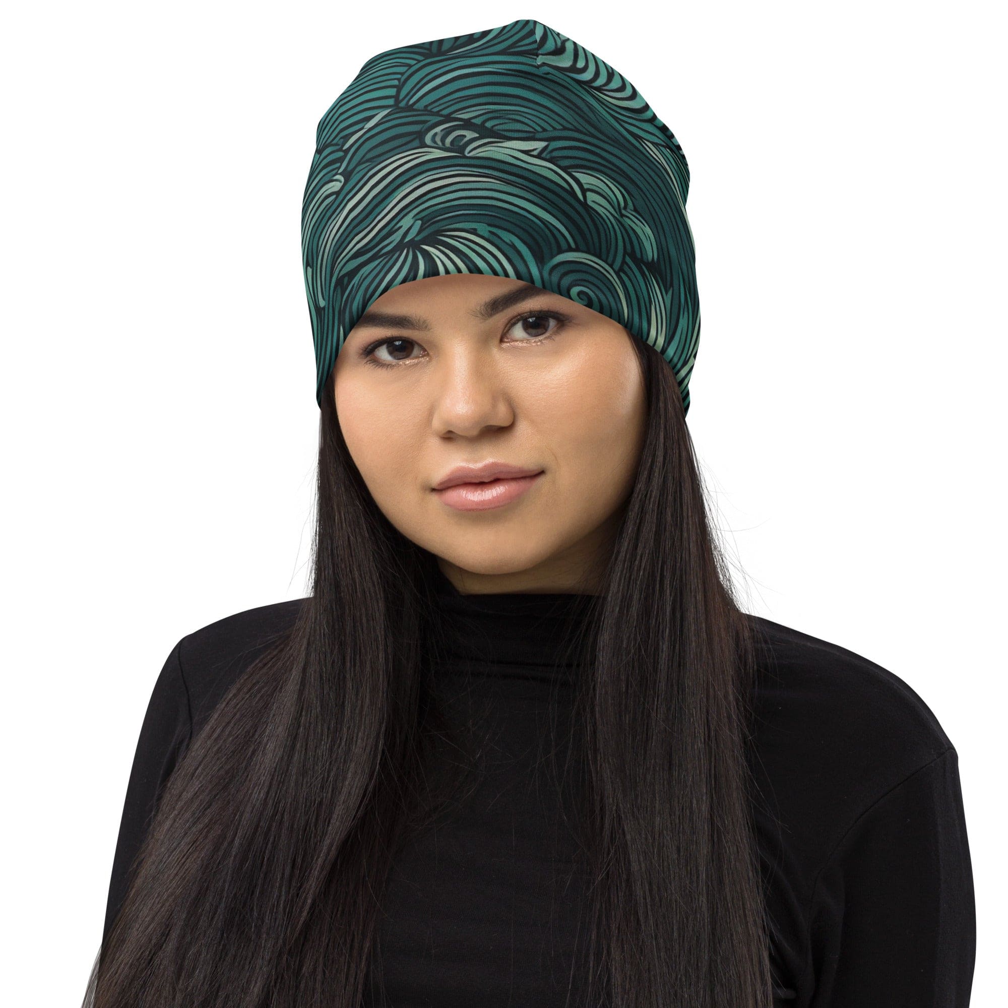 Double-layered mint green beanie hat with water wave print, showcasing its soft fabric and stylish design.