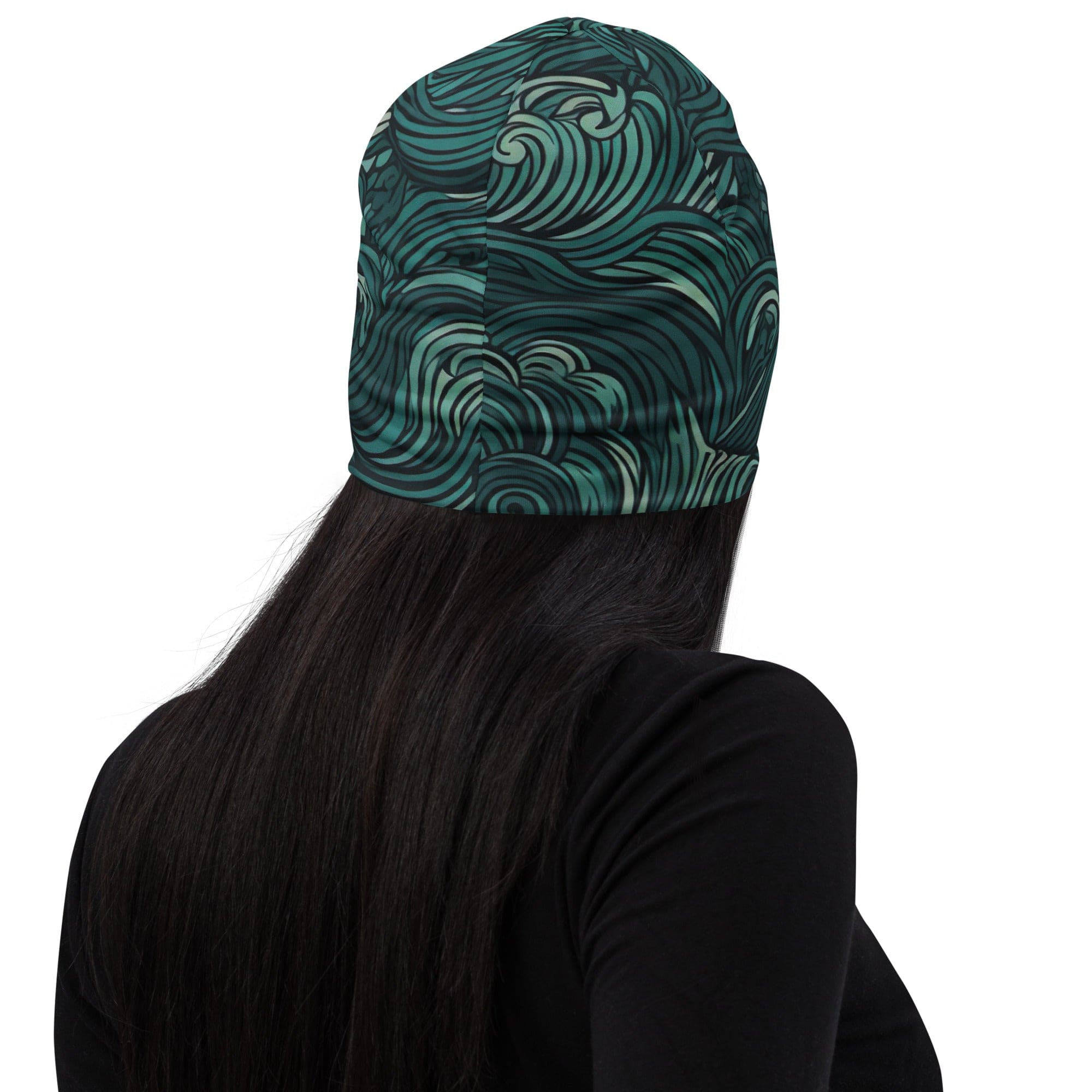 Double-layered mint green beanie hat with water wave print, showcasing its soft fabric and stylish design.