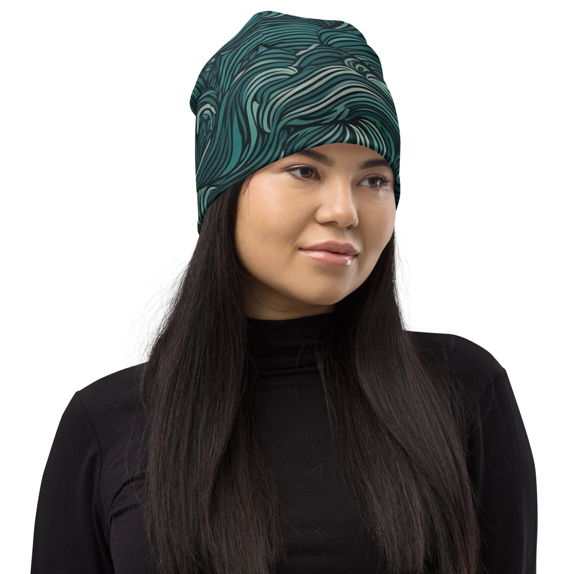 Double-layered mint green beanie hat with water wave print, showcasing its soft fabric and stylish design.