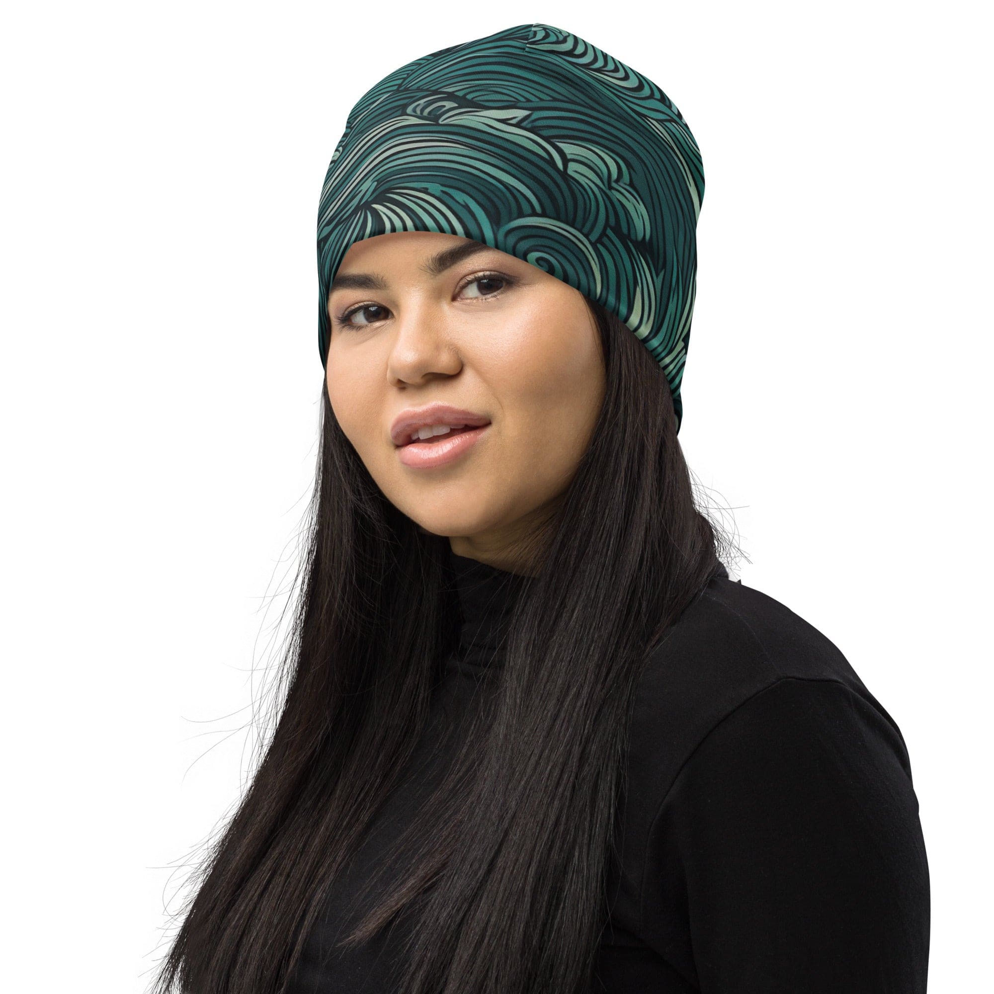 Double-layered mint green beanie hat with water wave print, showcasing its soft fabric and stylish design.