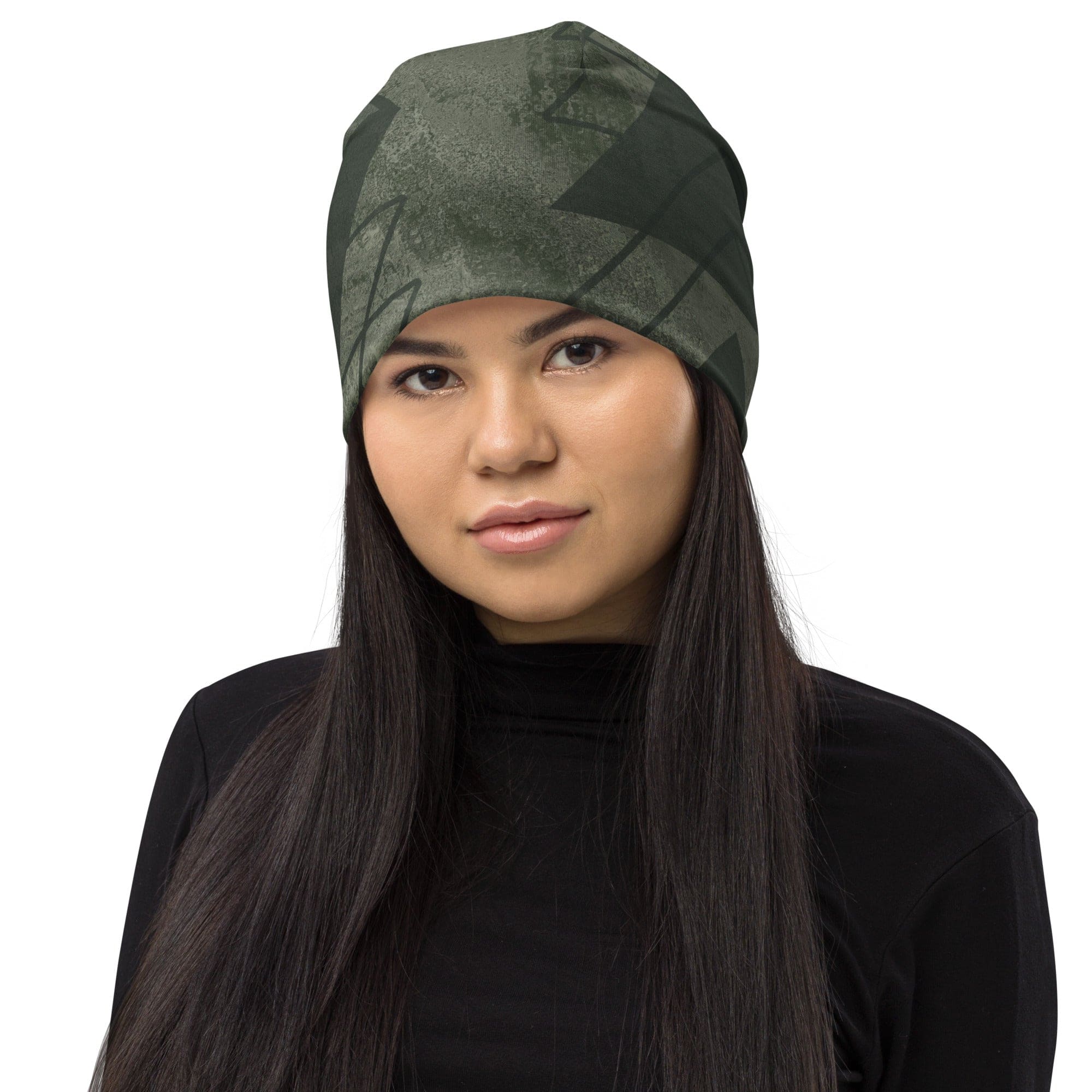 Olive green double-layered beanie hat with triangular colorblock design, perfect for winter and stylish outfits.