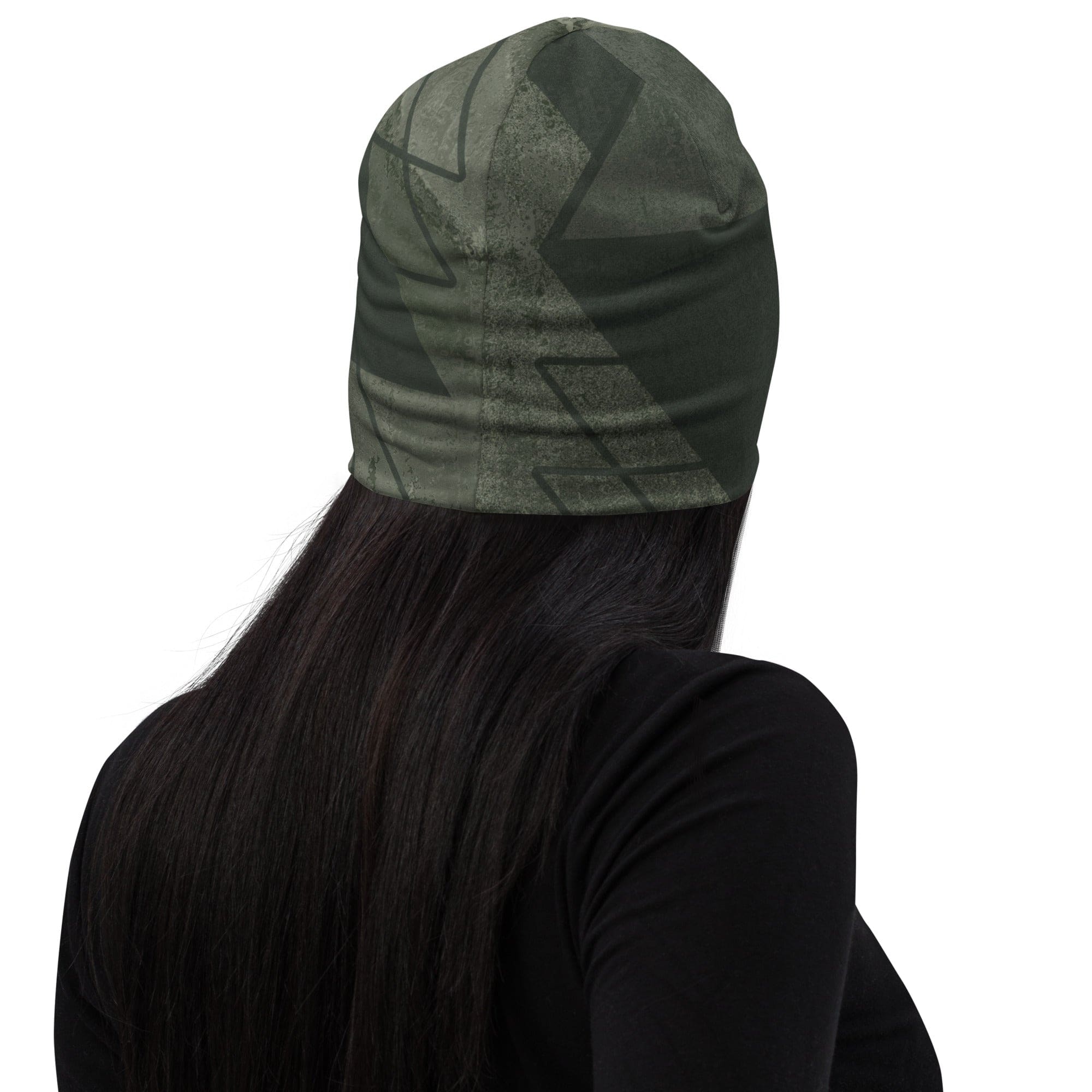 Olive green double-layered beanie hat with triangular colorblock design, perfect for winter and stylish outfits.