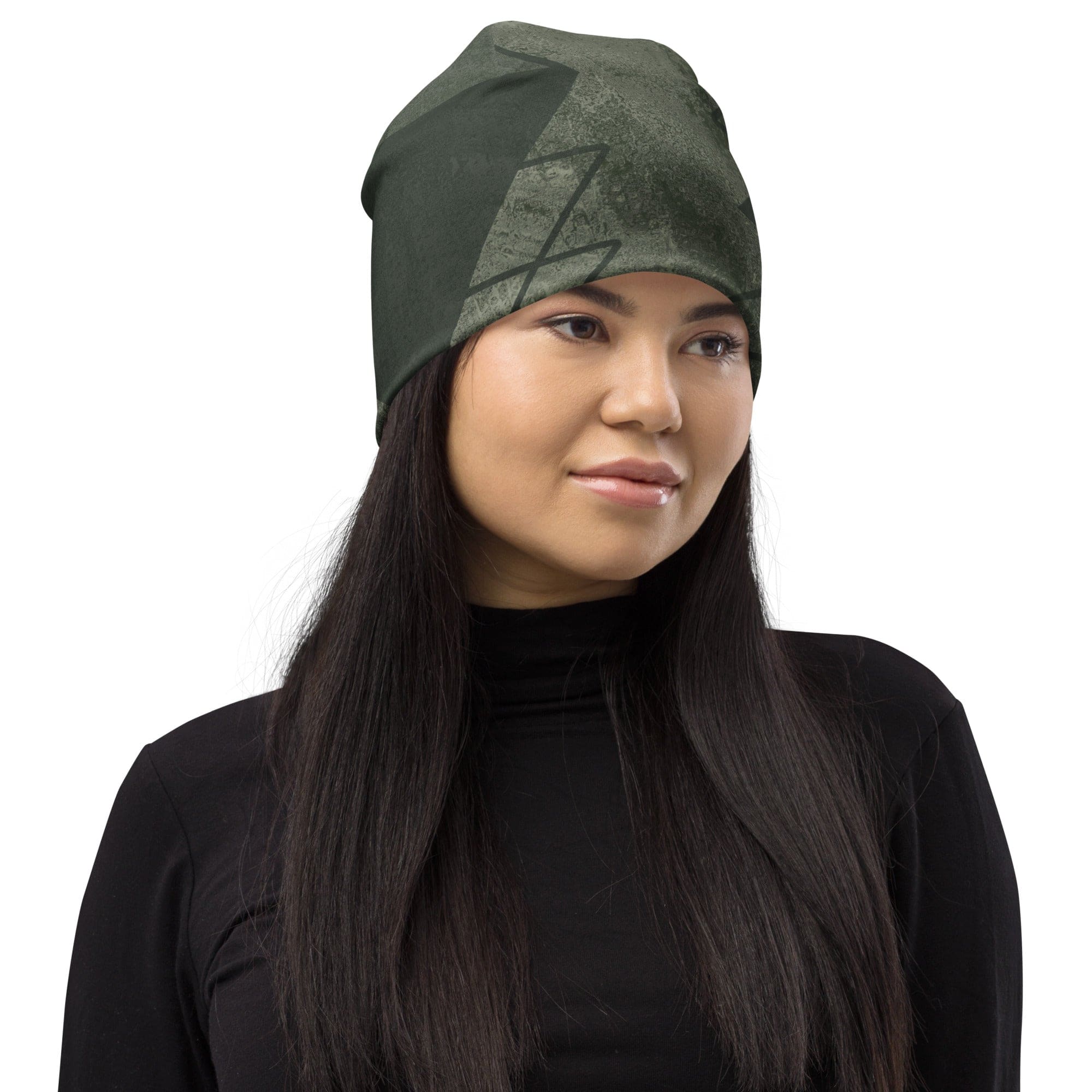 Olive green double-layered beanie hat with triangular colorblock design, perfect for winter and stylish outfits.