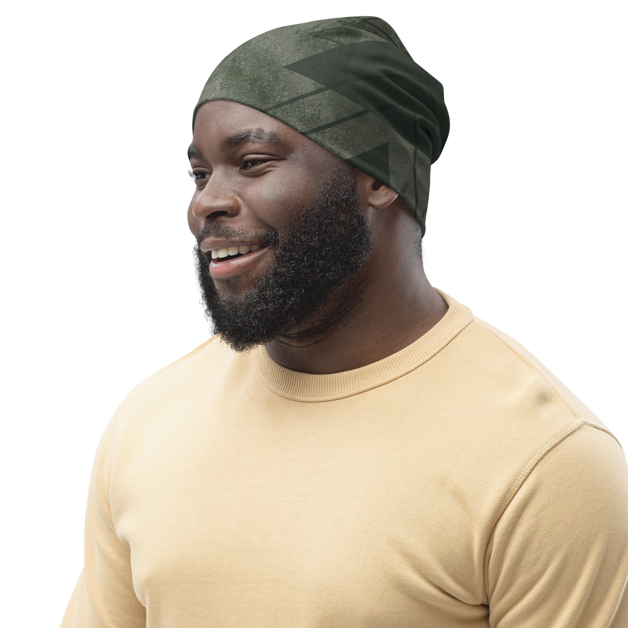 Double-layered olive green beanie hat with triangular colorblock design, showcasing its soft fabric and stylish appearance.