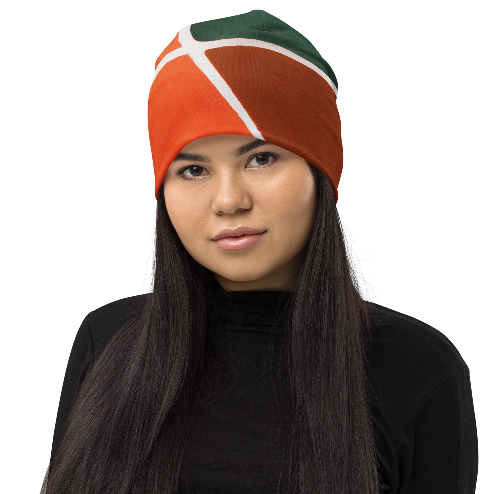 Double-layered beanie hat featuring an orange and green boho pattern, perfect for winter and fall wear.