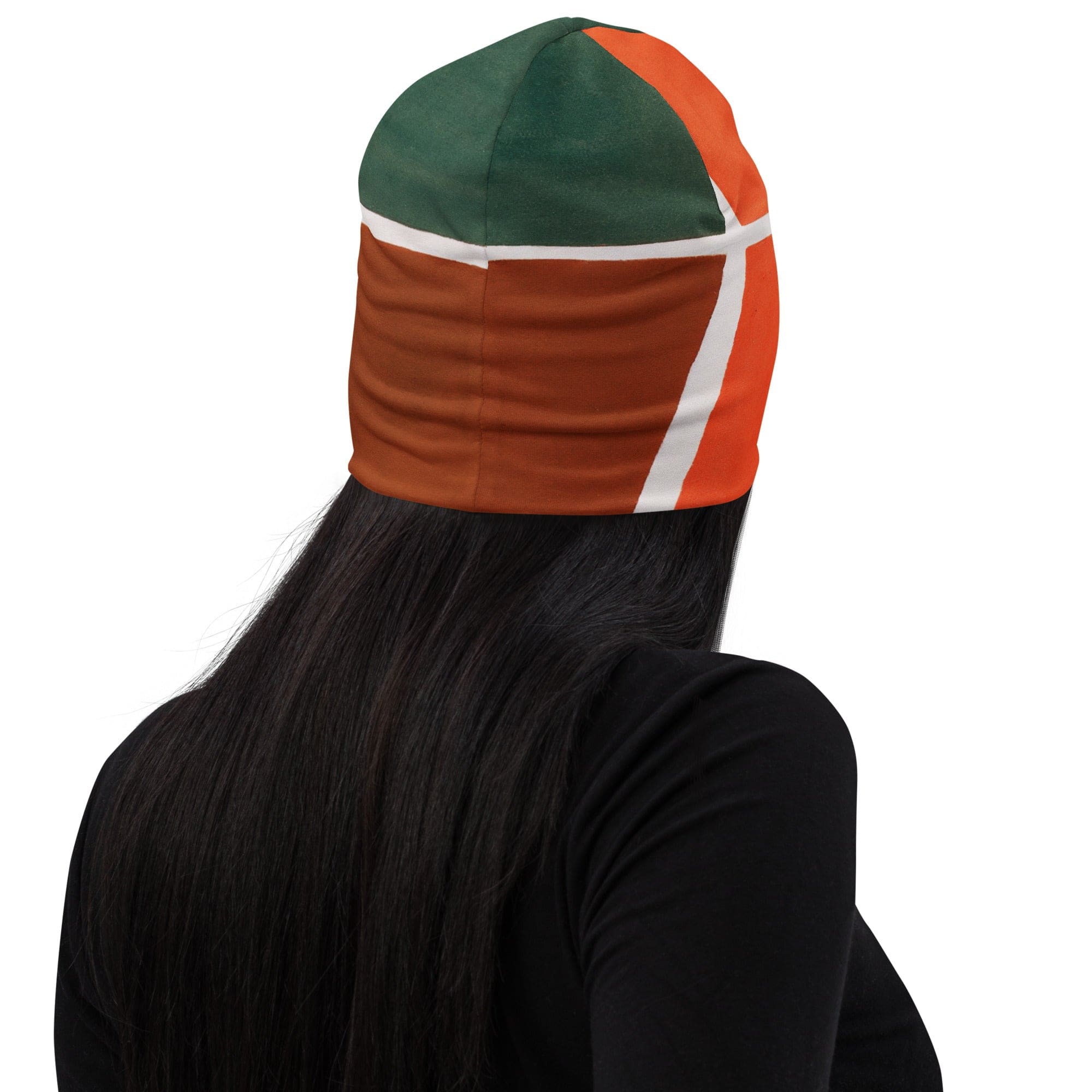 Double-layered beanie hat featuring an orange and green boho pattern, perfect for winter and fall wear.