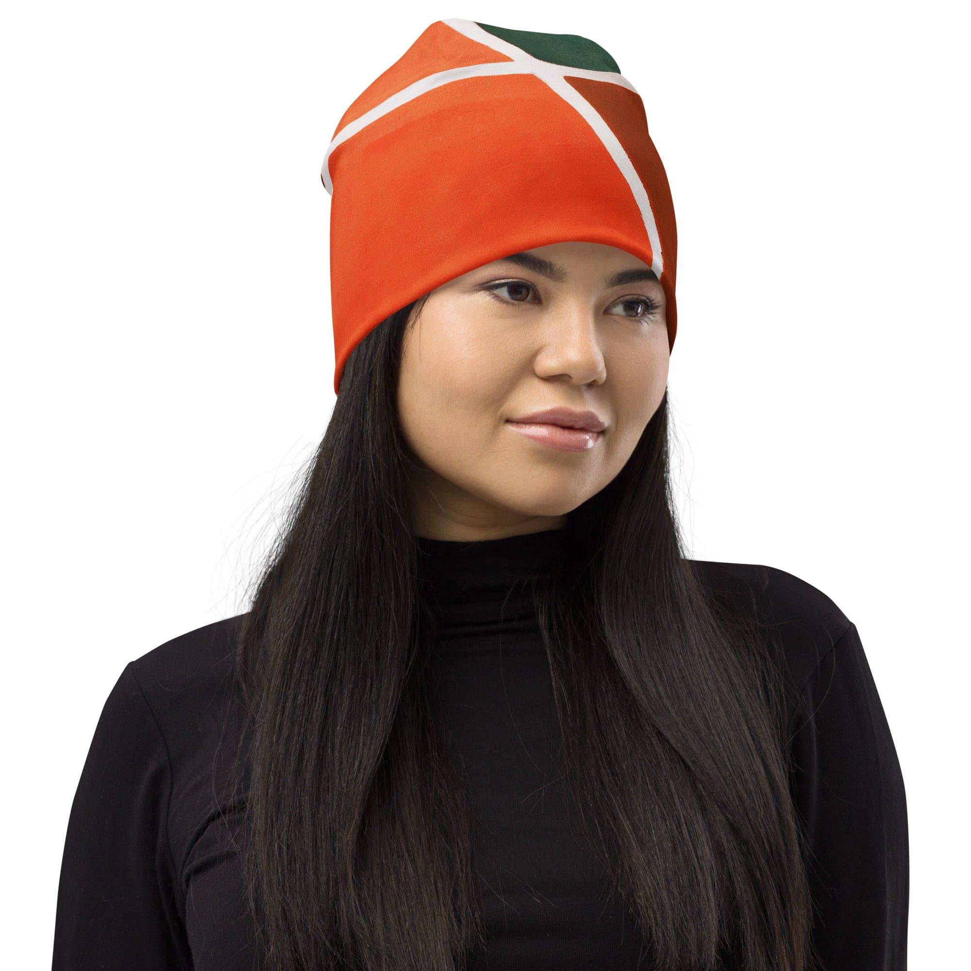 Double-layered beanie hat featuring an orange and green boho pattern, perfect for winter and fall wear.