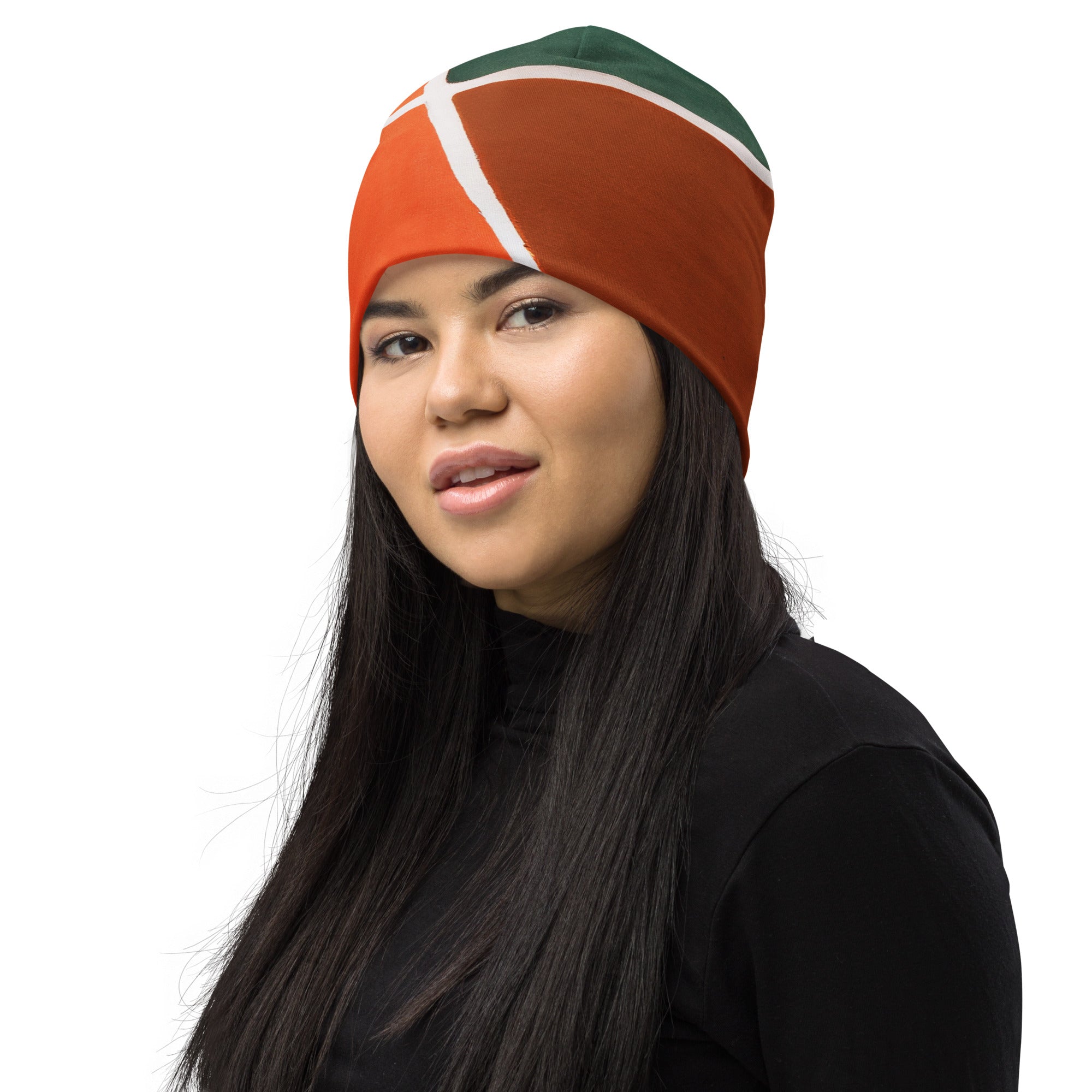 Double-layered beanie hat featuring an orange and green boho pattern, perfect for winter and fall wear.