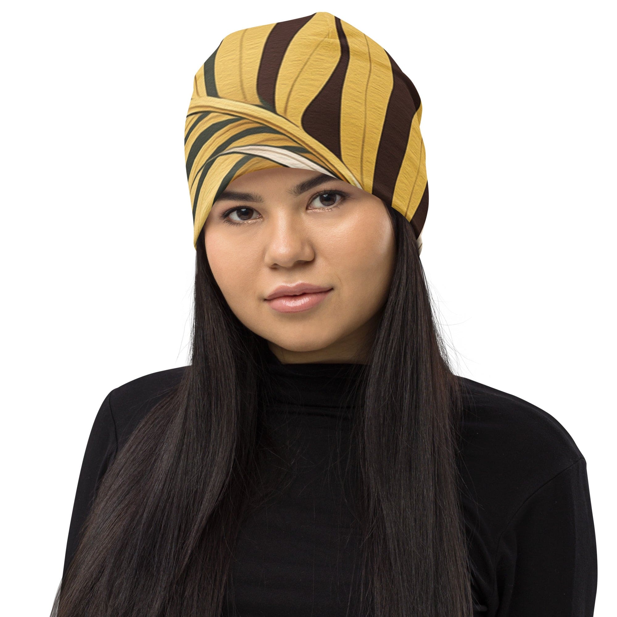 Double-layered beanie hat featuring a palm tree leaves pattern, designed for warmth and style.