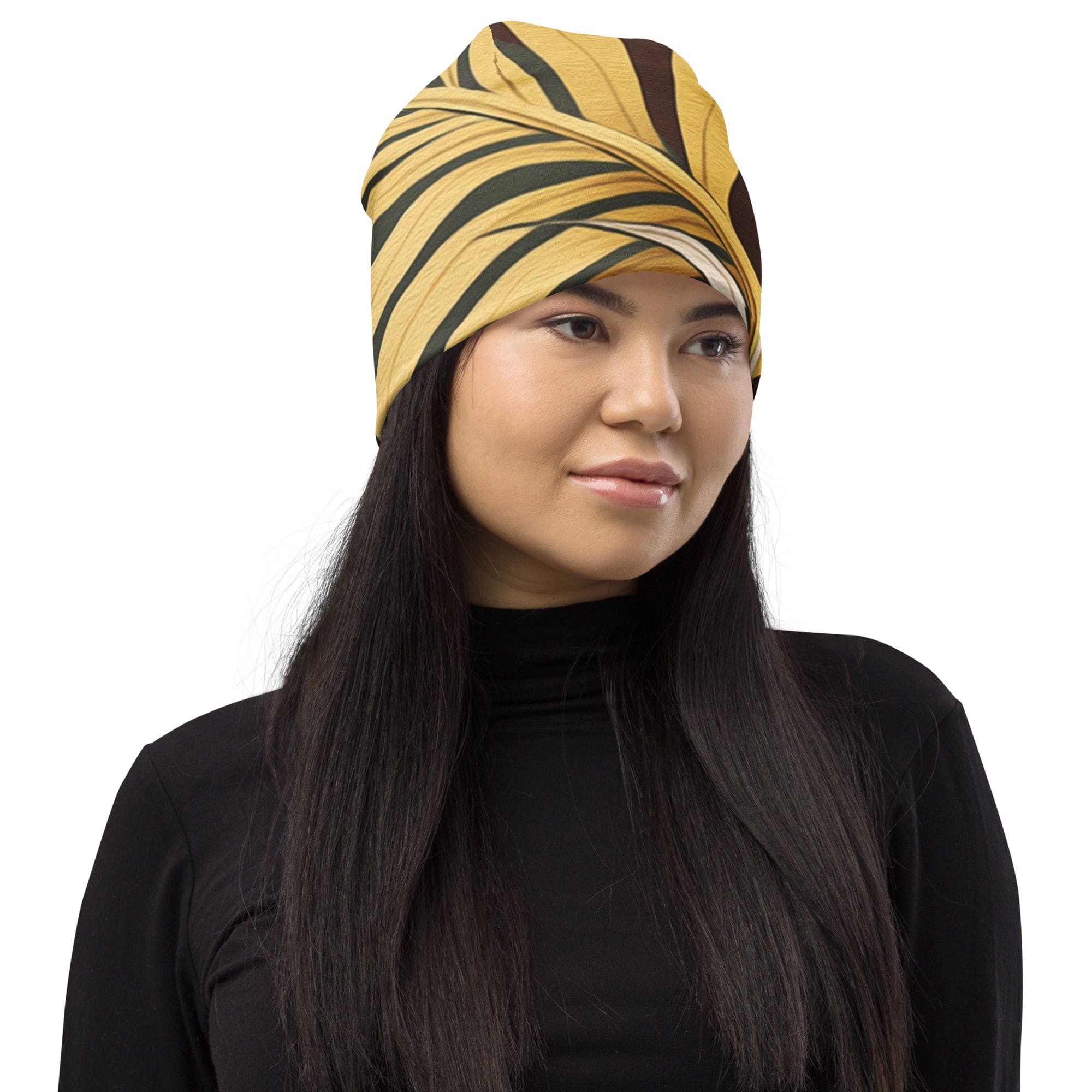 Double-layered beanie hat featuring a palm tree leaves pattern, designed for warmth and style.