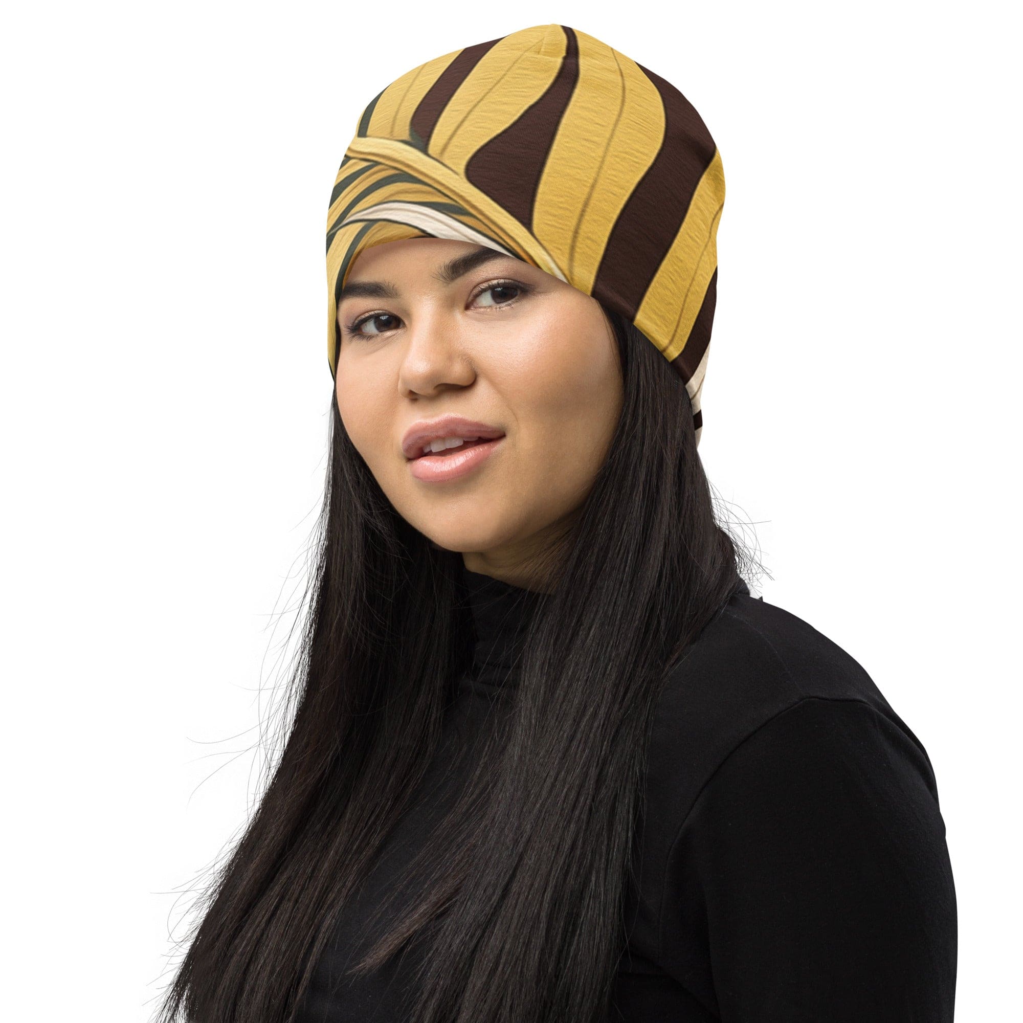 Double-layered beanie hat featuring a palm tree leaves pattern, designed for warmth and style.