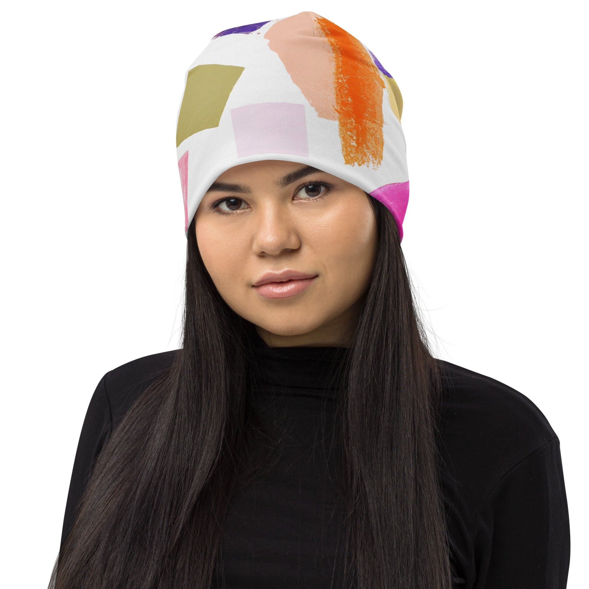 Double-layered beanie hat featuring a stylish pastel pattern, perfect for winter and spring wear.