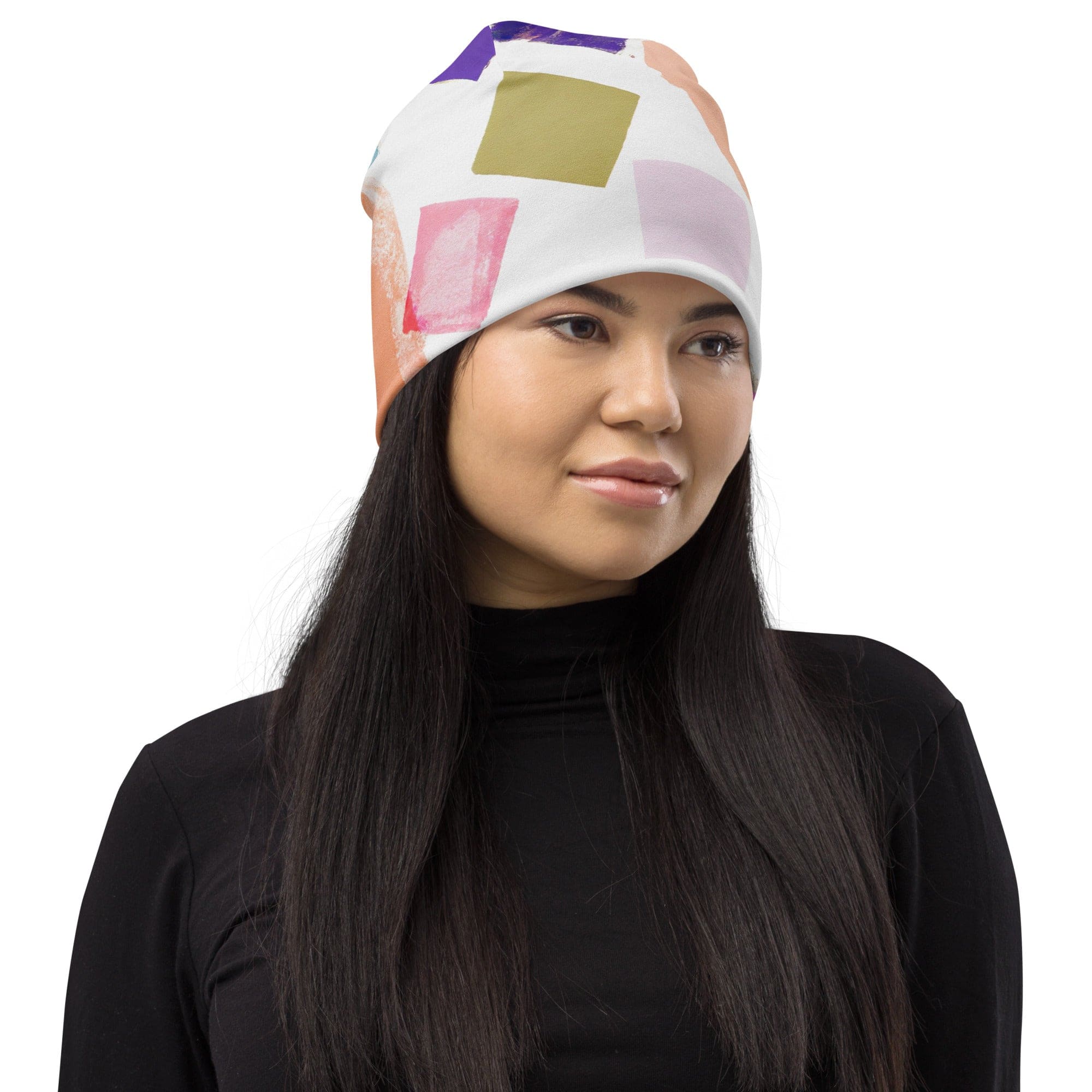 Double-layered beanie hat featuring a stylish pastel pattern, perfect for winter and spring wear.