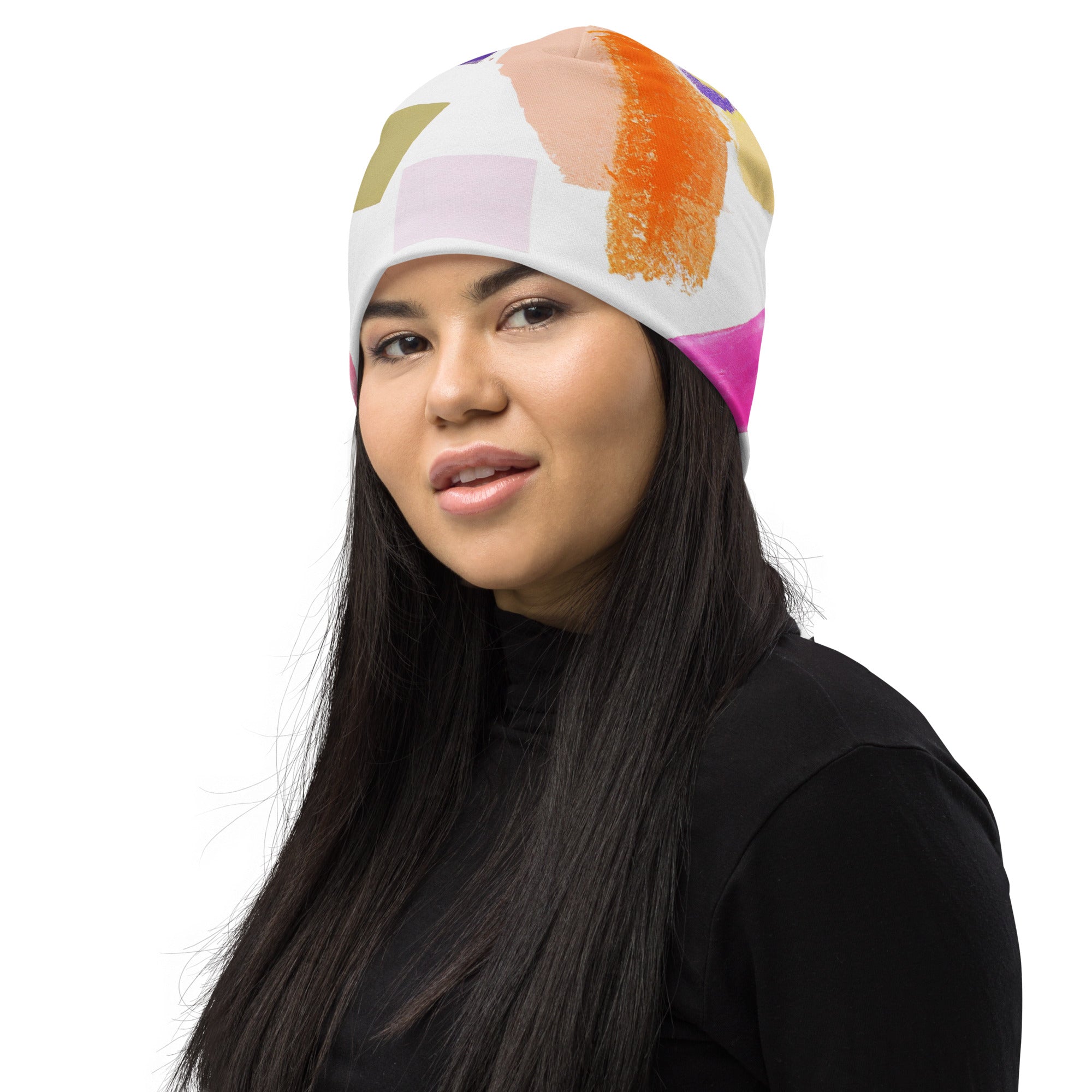 Double-layered beanie hat featuring a stylish pastel pattern, perfect for winter and spring wear.