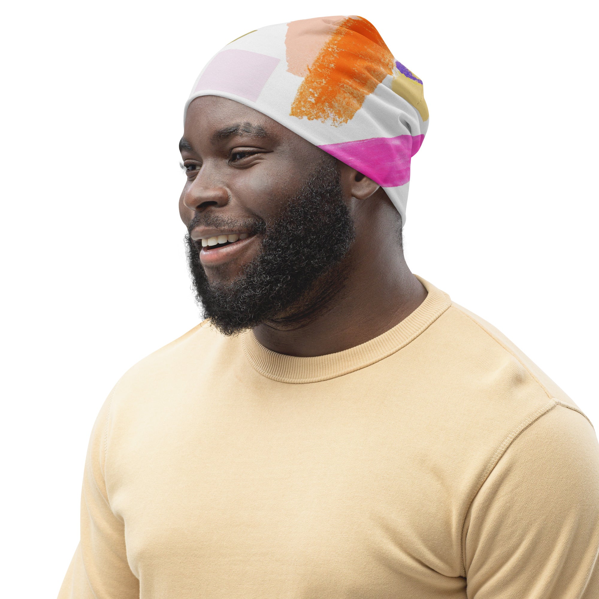 A cozy double-layered beanie hat featuring a trendy pastel pattern, perfect for winter, spring, and fall wear.