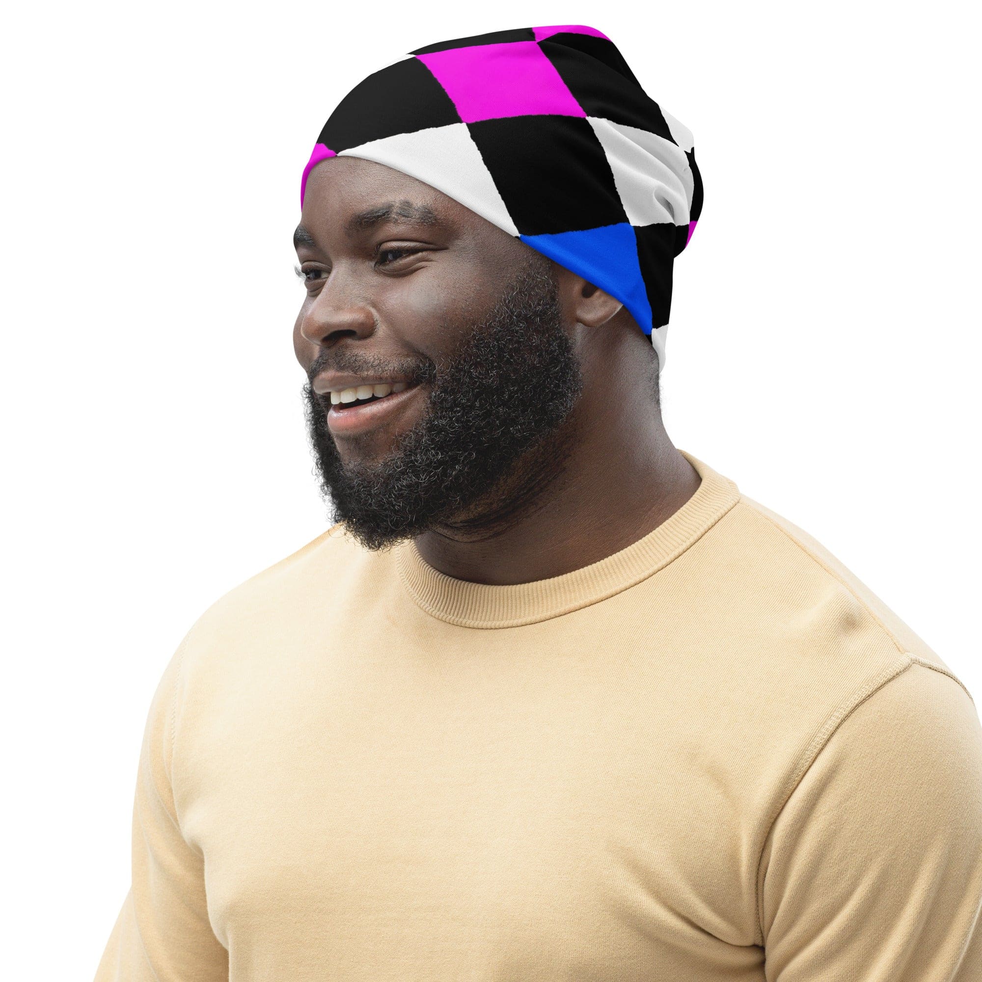 Double-layered beanie hat in pink and blue checkered pattern, showcasing its soft fabric and stylish design.