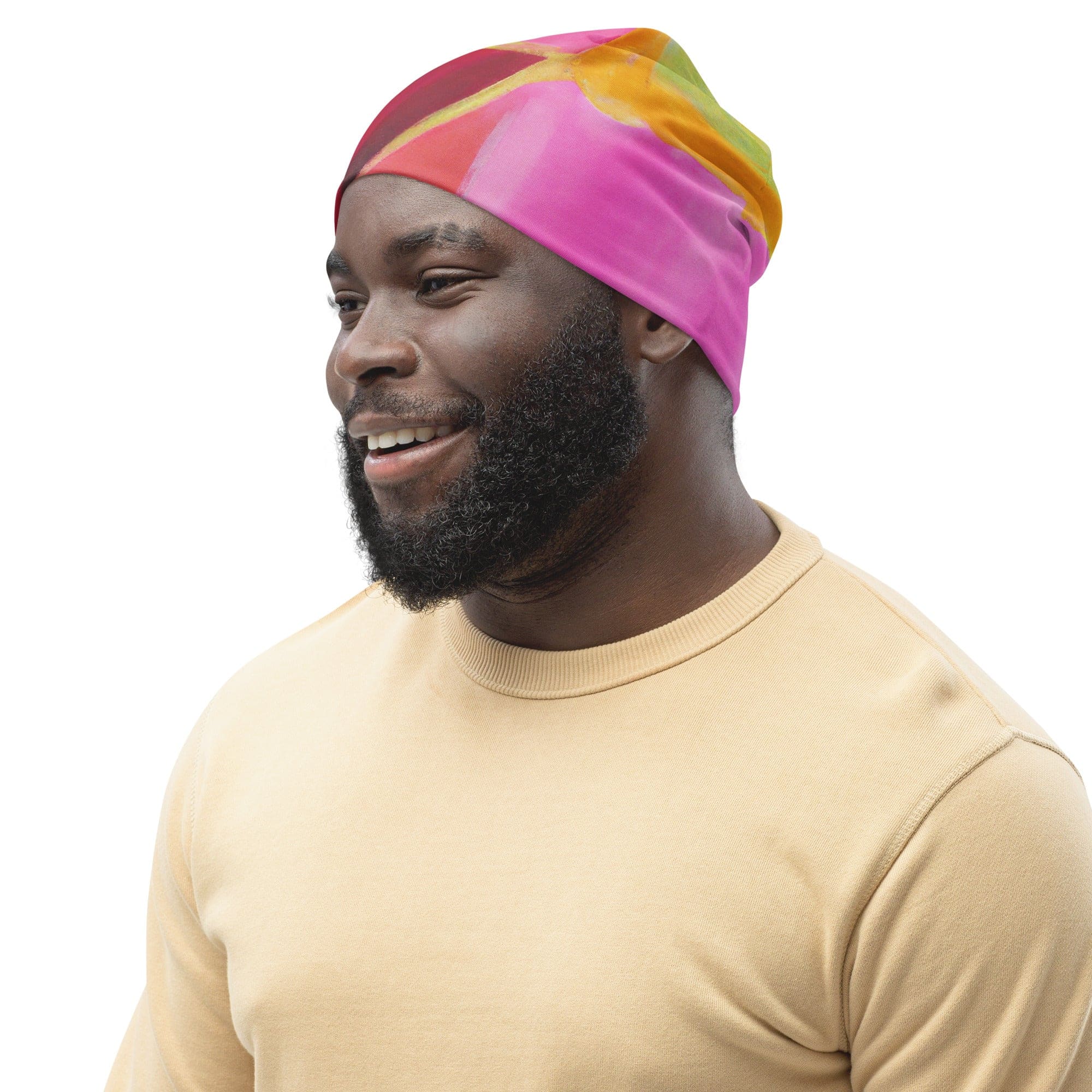 Double-layered beanie hat in pink mauve red geometric pattern, showcasing its soft fabric and stylish design.