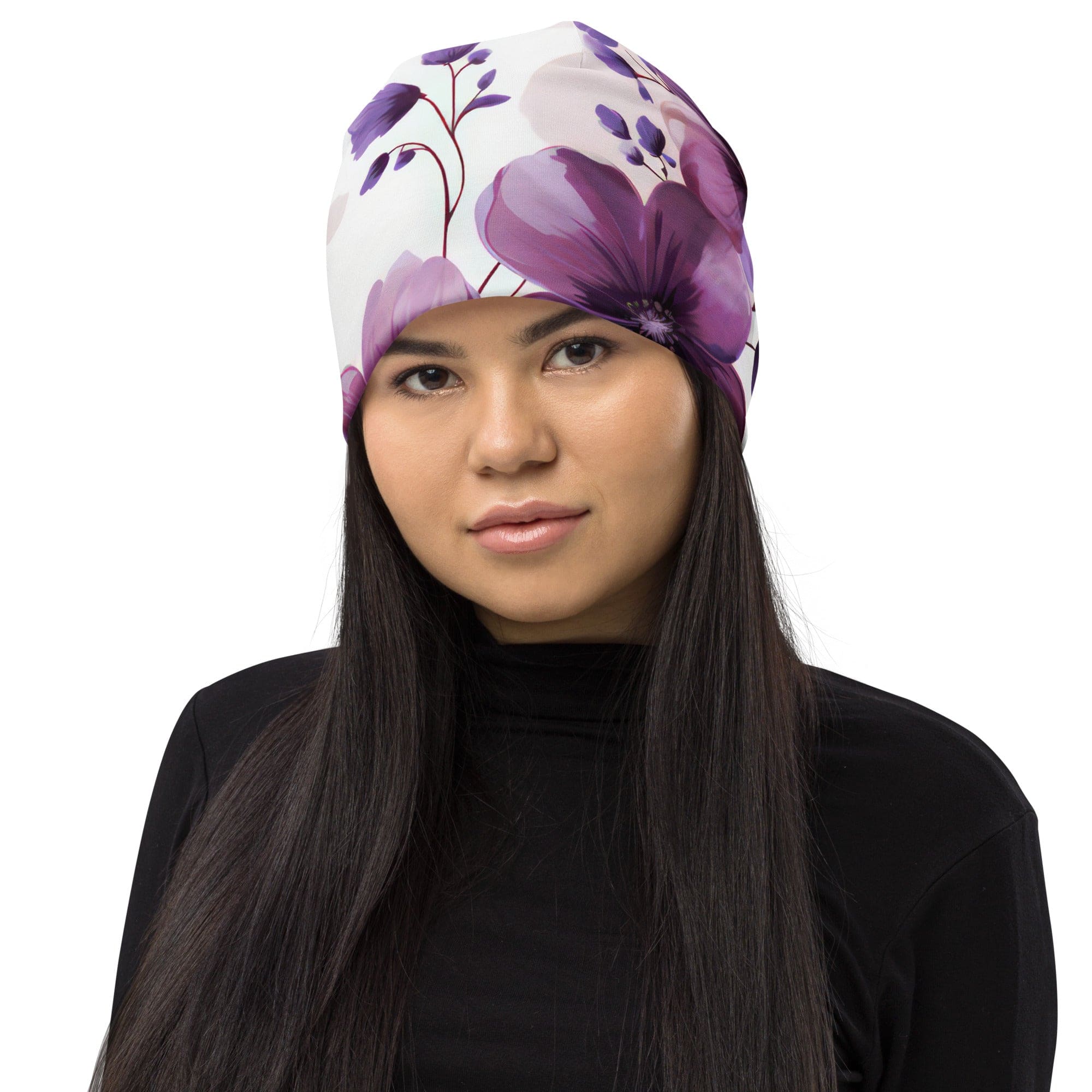 Double-layered beanie hat featuring a purple botanical blooms design, perfect for winter and spring wear.