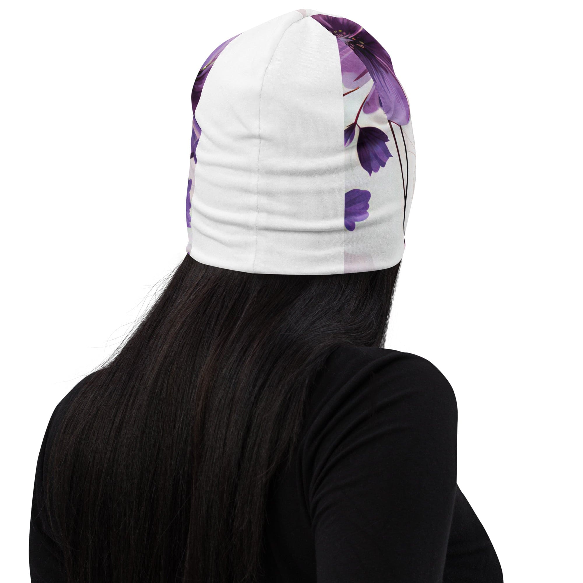 Double-layered beanie hat featuring a purple botanical blooms design, perfect for winter and spring wear.