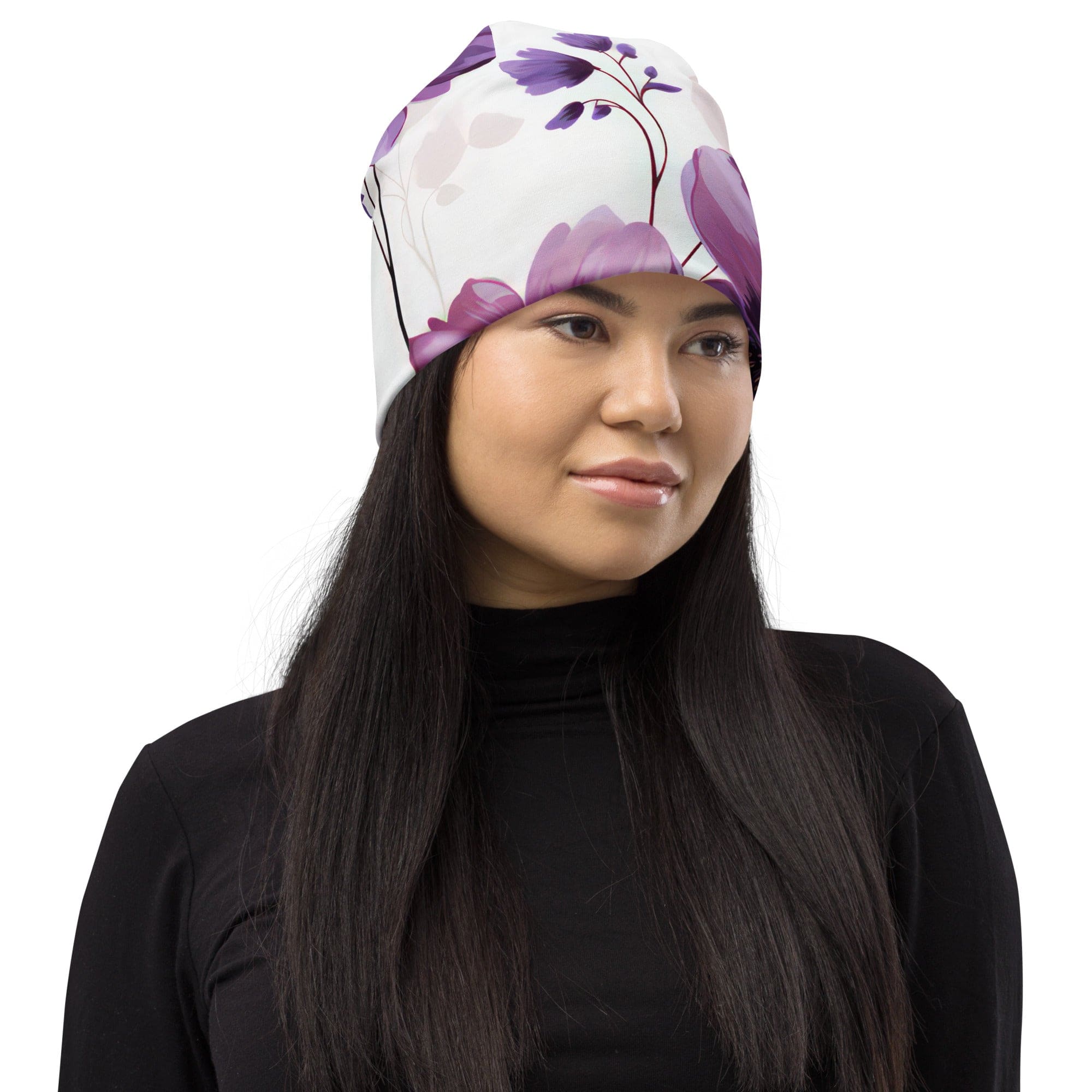 Double-layered beanie hat featuring a purple botanical blooms design, perfect for winter and spring wear.