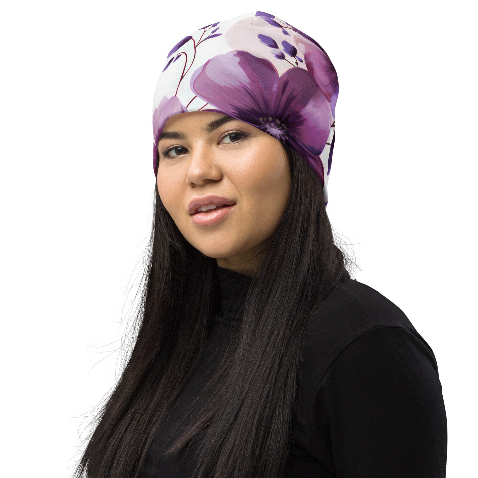 Double-layered beanie hat featuring a purple botanical blooms design, perfect for winter and spring wear.