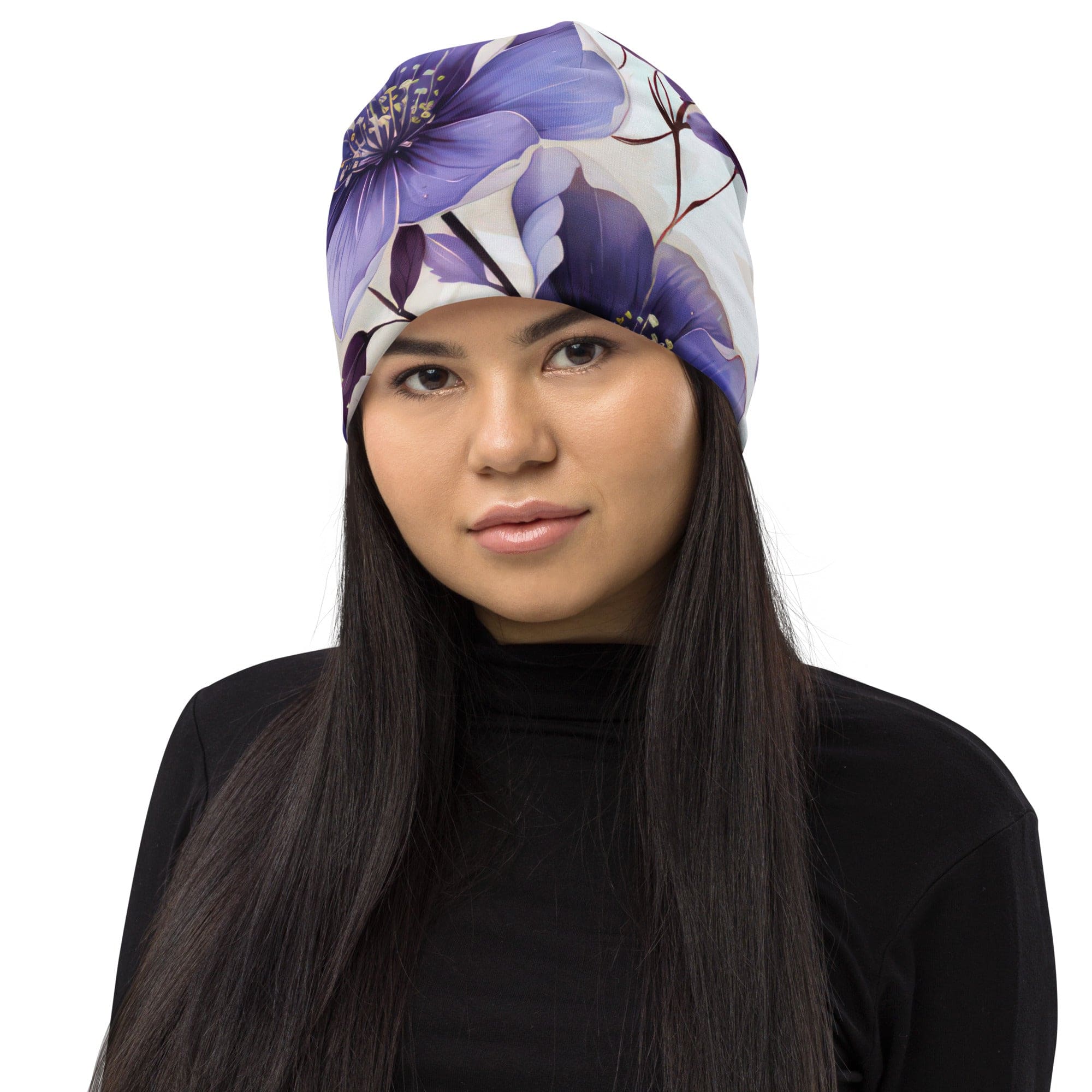 Double-layered beanie hat featuring a vibrant purple botanical blooms design, perfect for winter and spring wear.