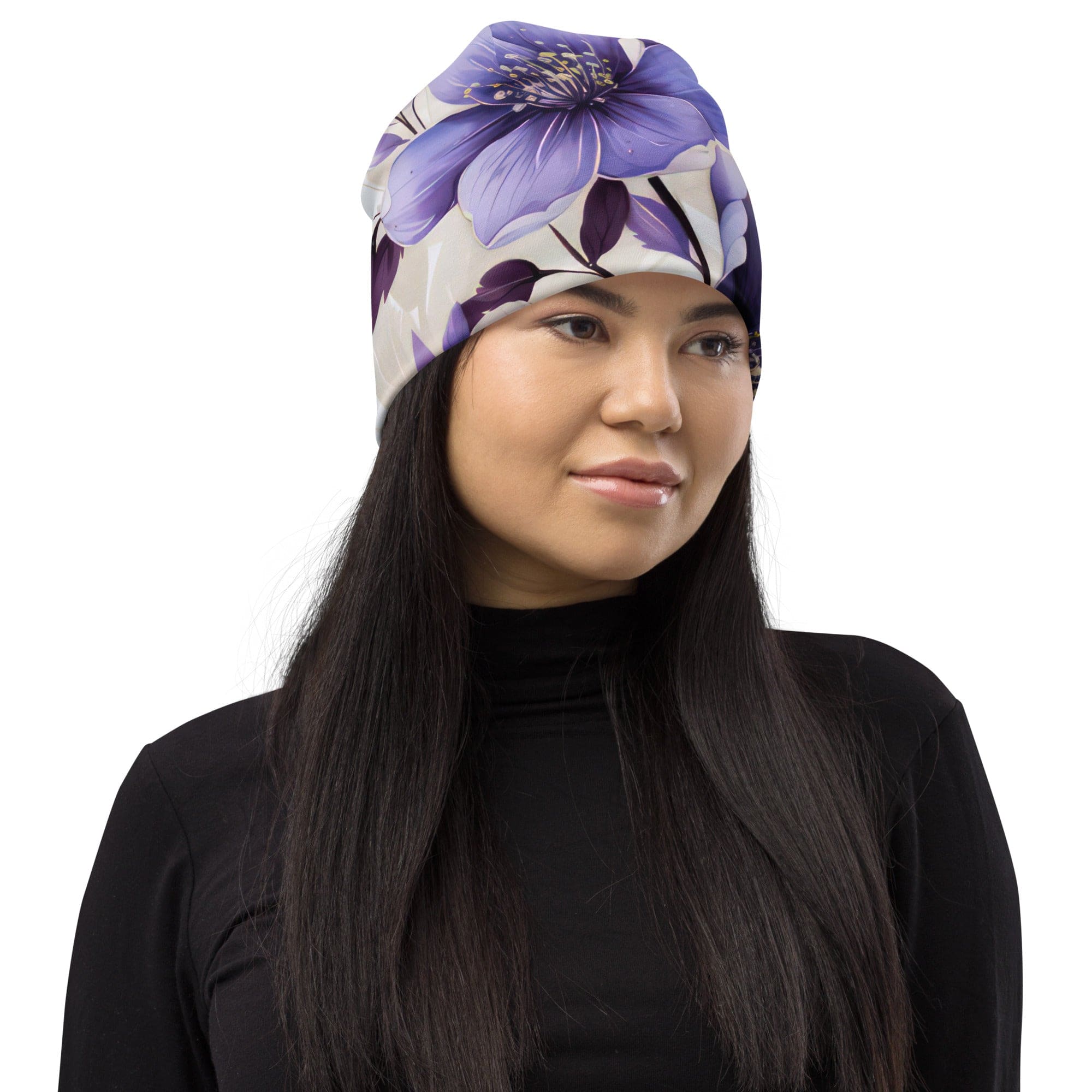 Double-layered beanie hat featuring a vibrant purple botanical blooms design, perfect for winter and spring wear.