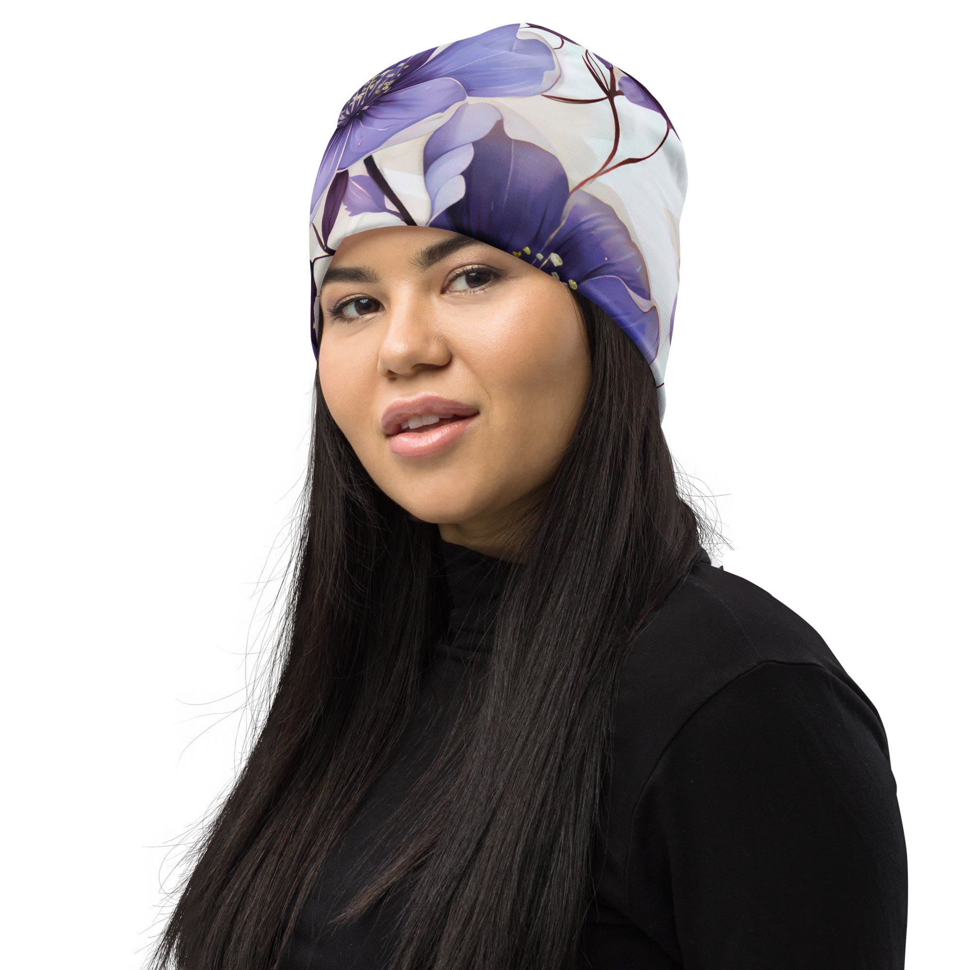 Double-layered beanie hat featuring a vibrant purple botanical blooms design, perfect for winter and spring wear.