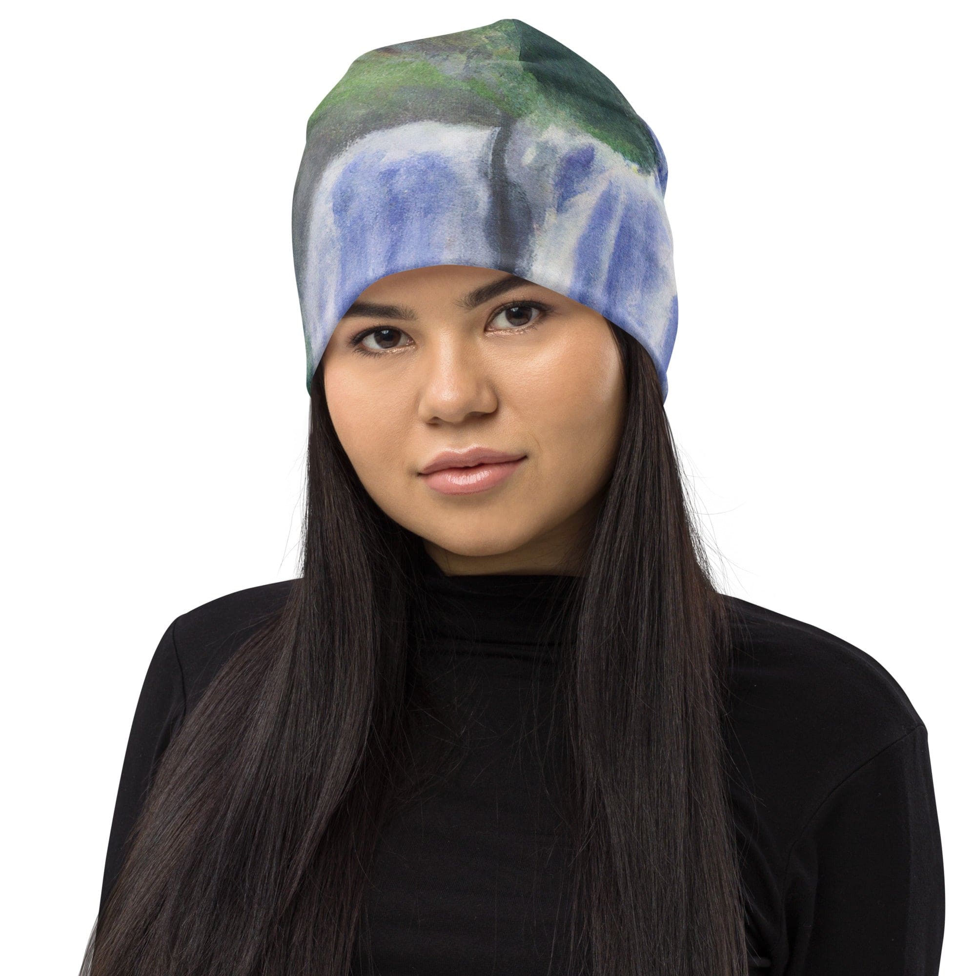 Double-layered beanie hat featuring a purple watercolor waterfall design, perfect for winter and stylish outfits.