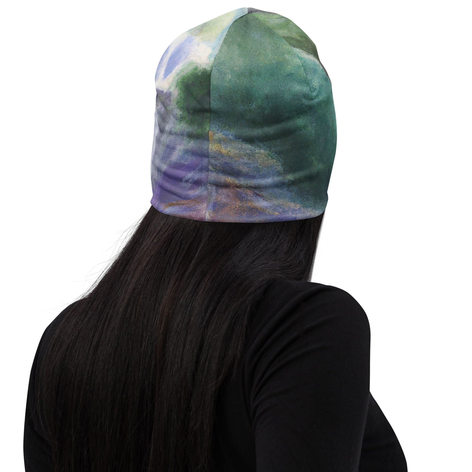 Double-layered beanie hat featuring a purple watercolor waterfall design, perfect for winter and stylish outfits.