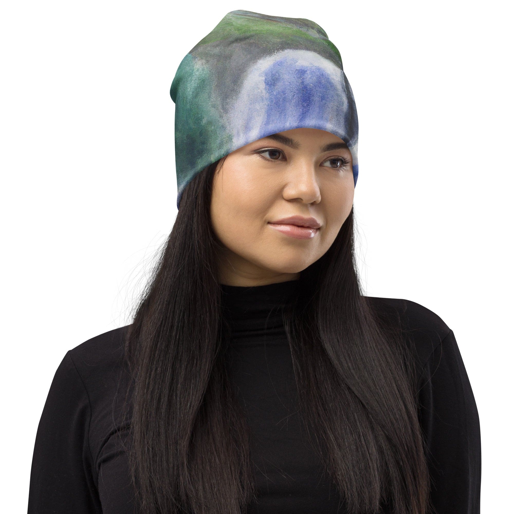 Double-layered beanie hat featuring a purple watercolor waterfall design, perfect for winter and stylish outfits.