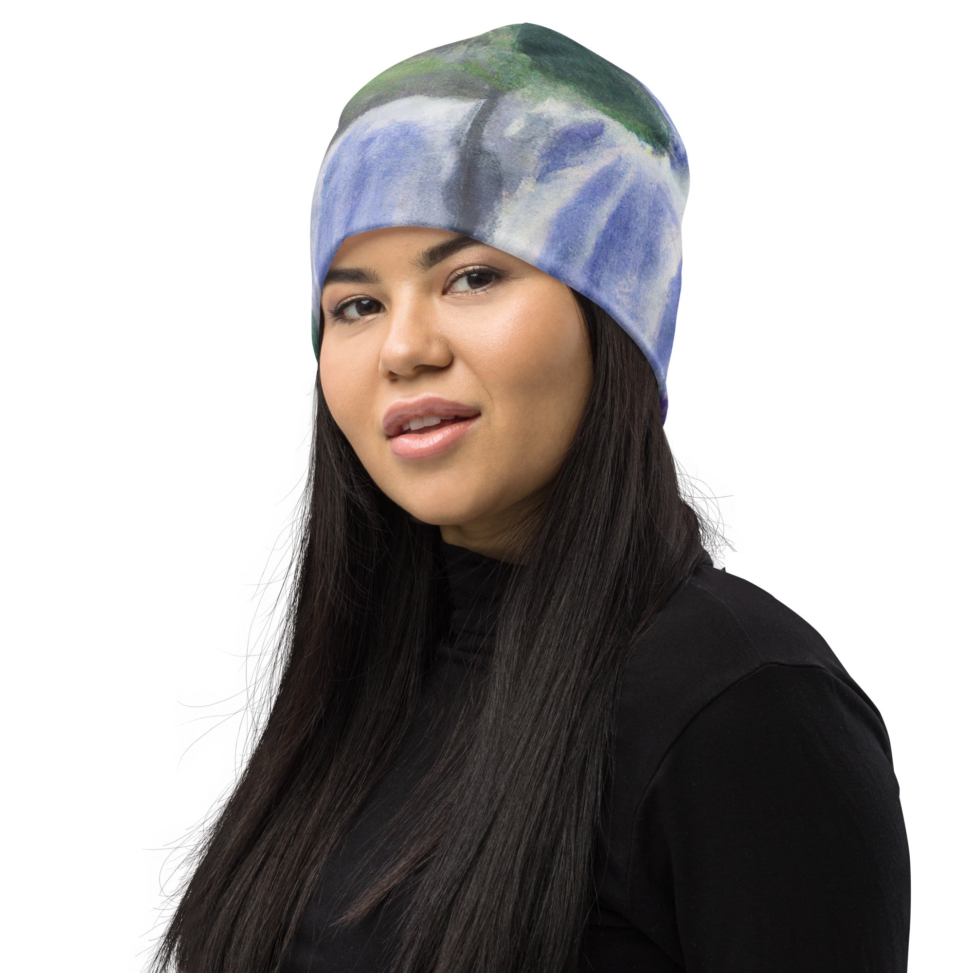 Double-layered beanie hat featuring a purple watercolor waterfall design, perfect for winter and stylish outfits.