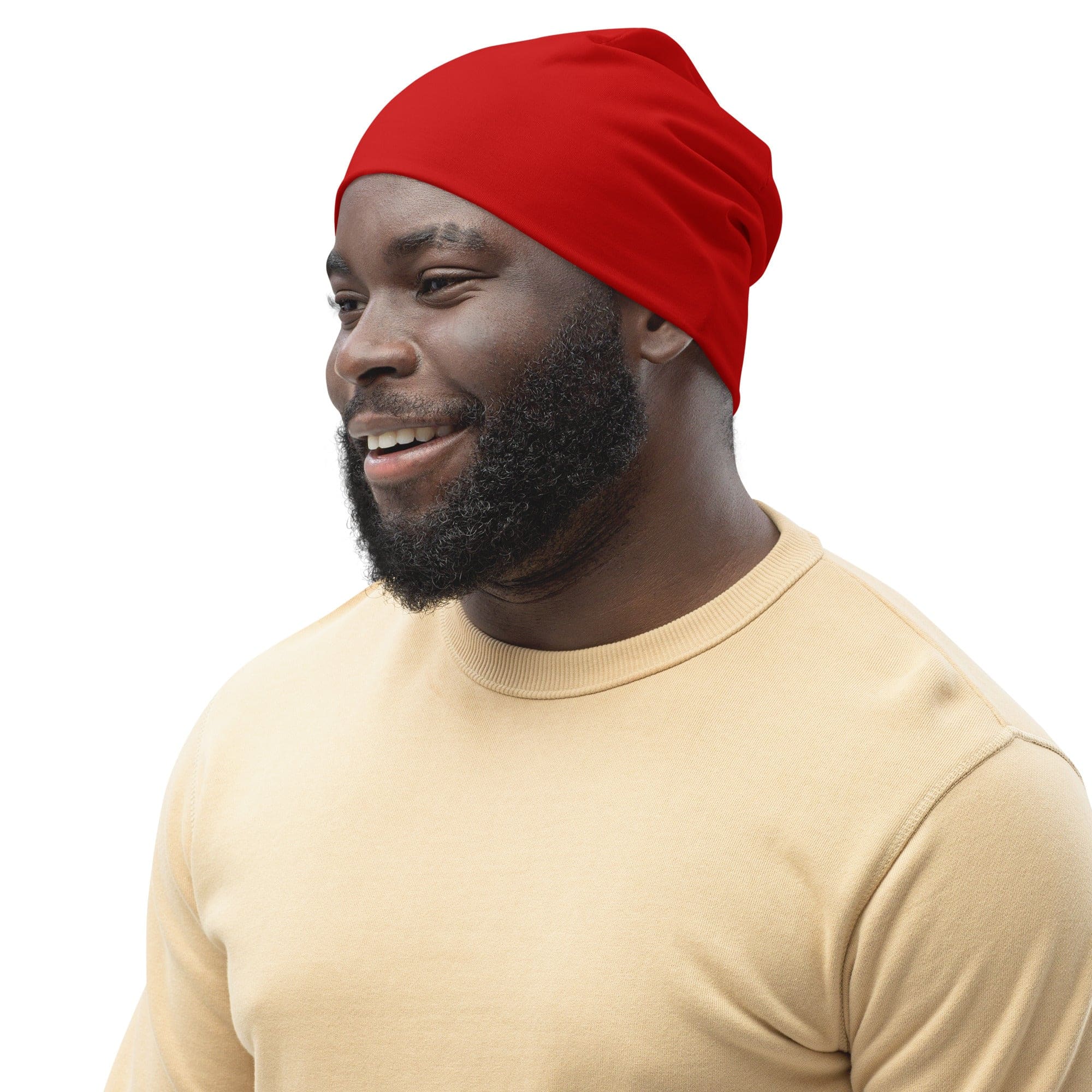 A vibrant red double-layered beanie hat, showcasing its soft fabric and stylish design, perfect for winter and fall wear.