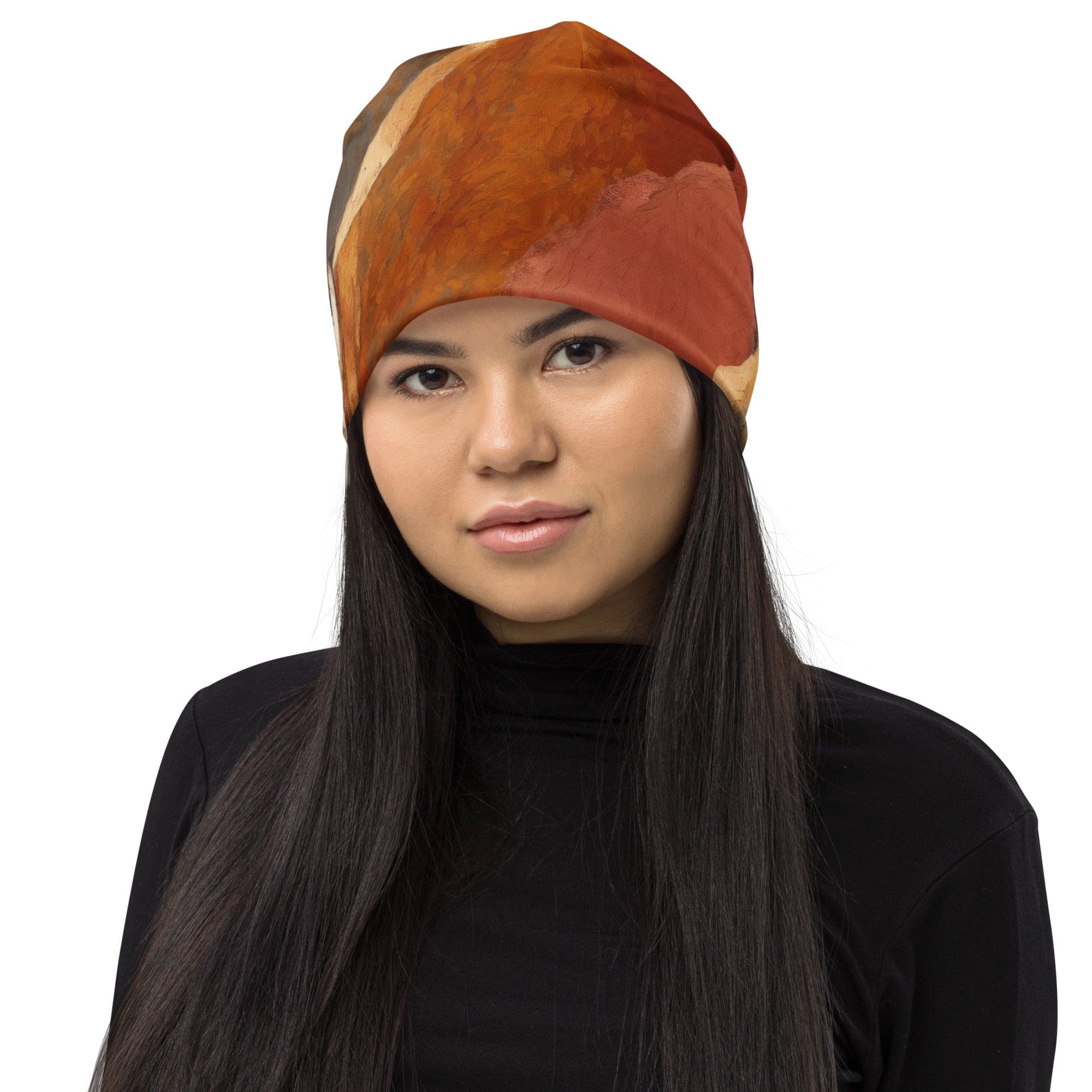 Double-layered beanie hat in rustic brown stone print, showcasing its soft fabric and stylish design.