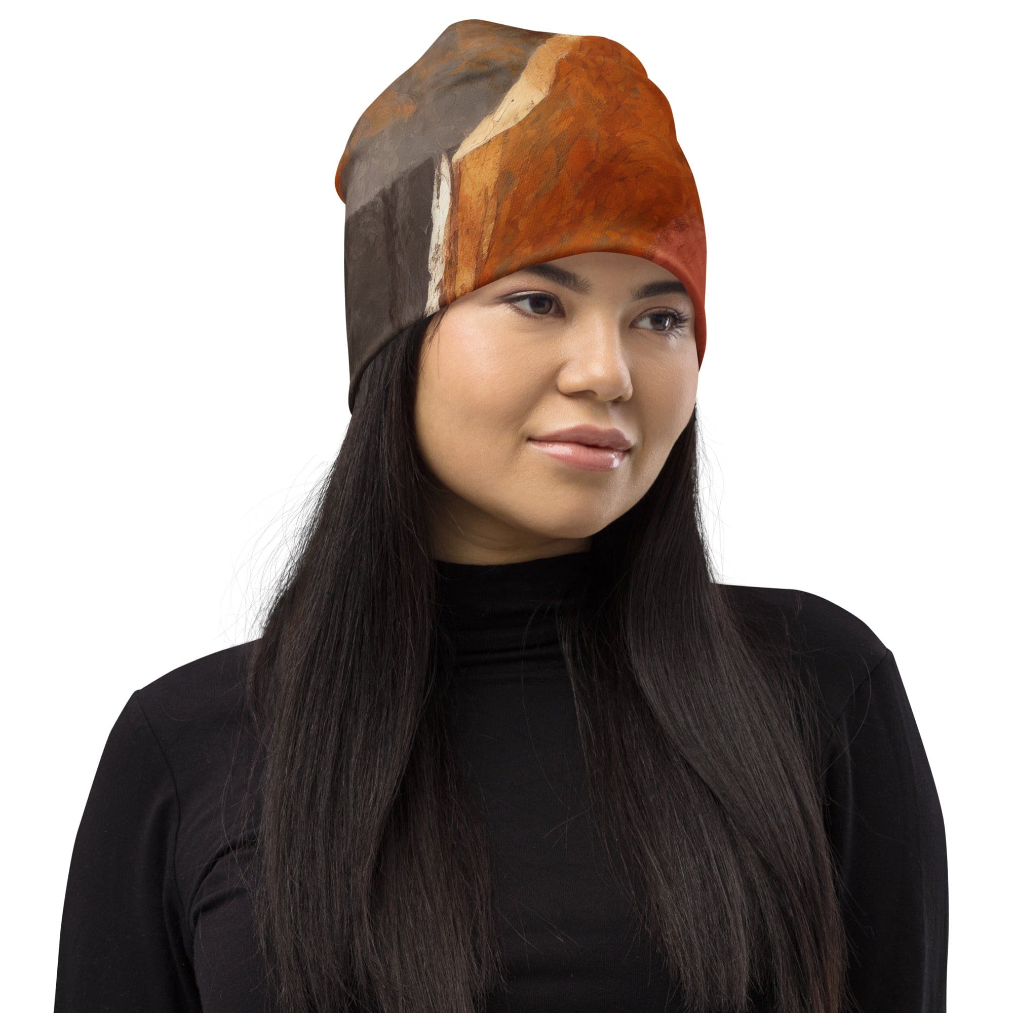 Double-layered beanie hat in rustic brown stone print, showcasing its soft fabric and stylish design.