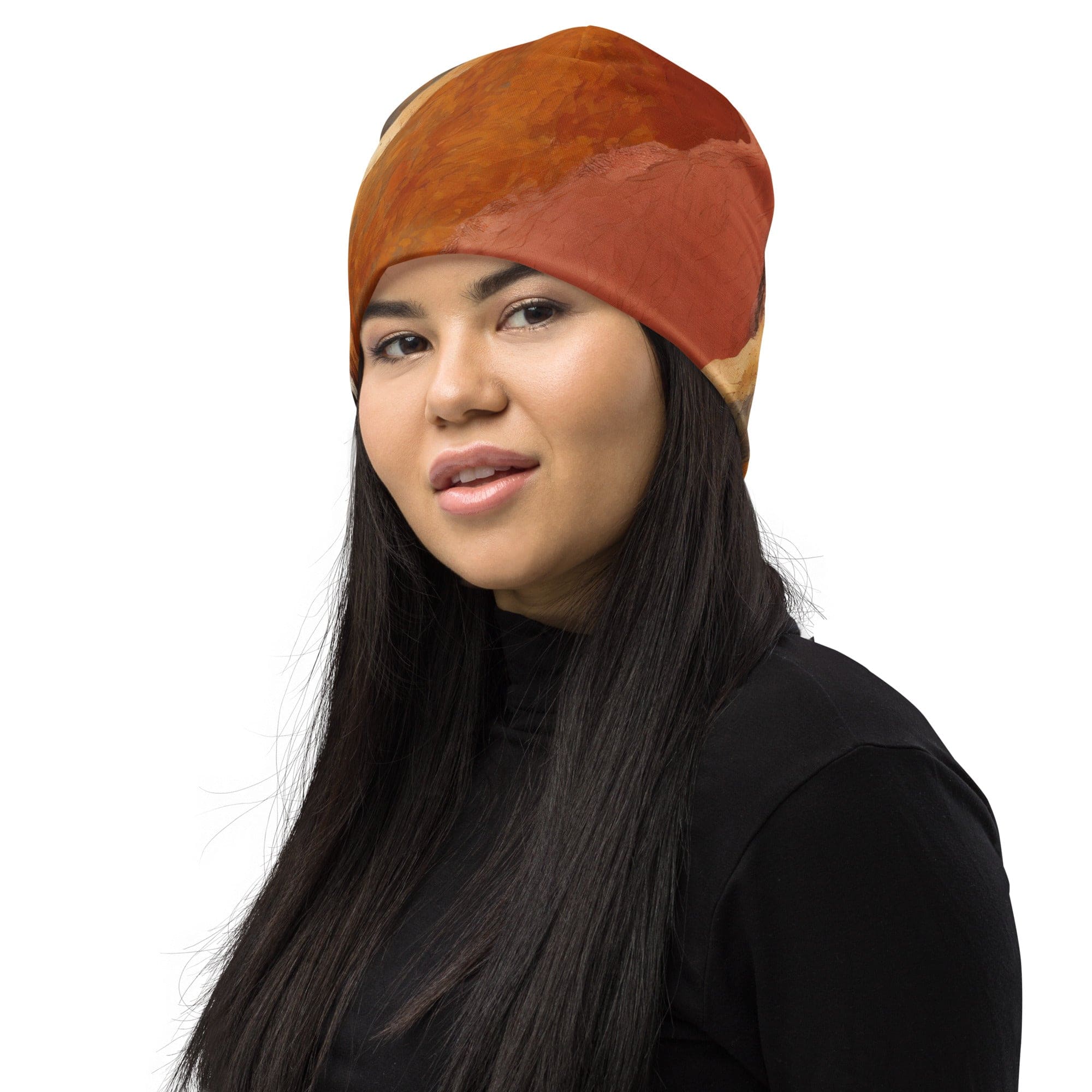 Double-layered beanie hat in rustic brown stone print, showcasing its soft fabric and stylish design.