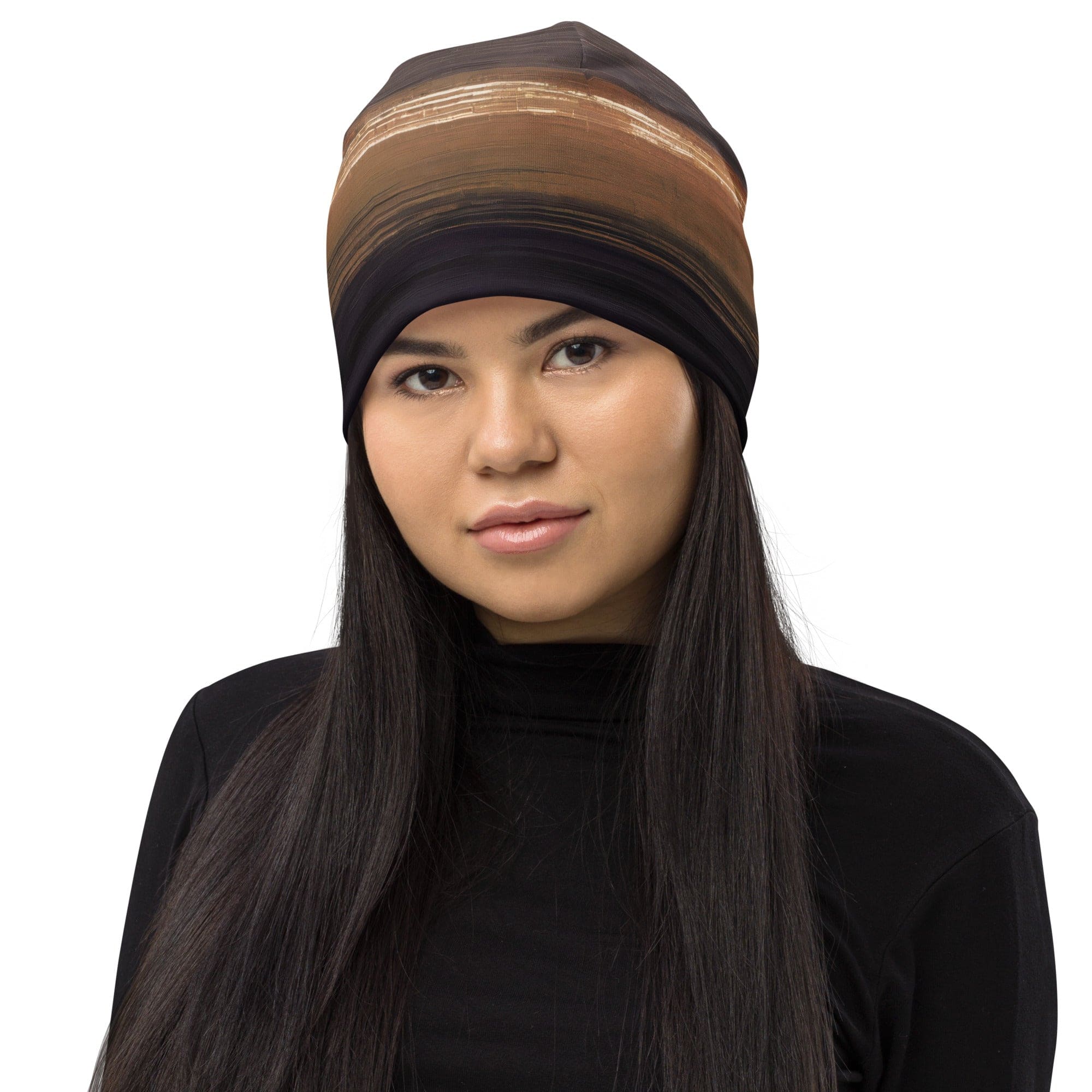 Double-layered beanie hat in rustic purple and brown design, showcasing its soft fabric and stylish appearance.