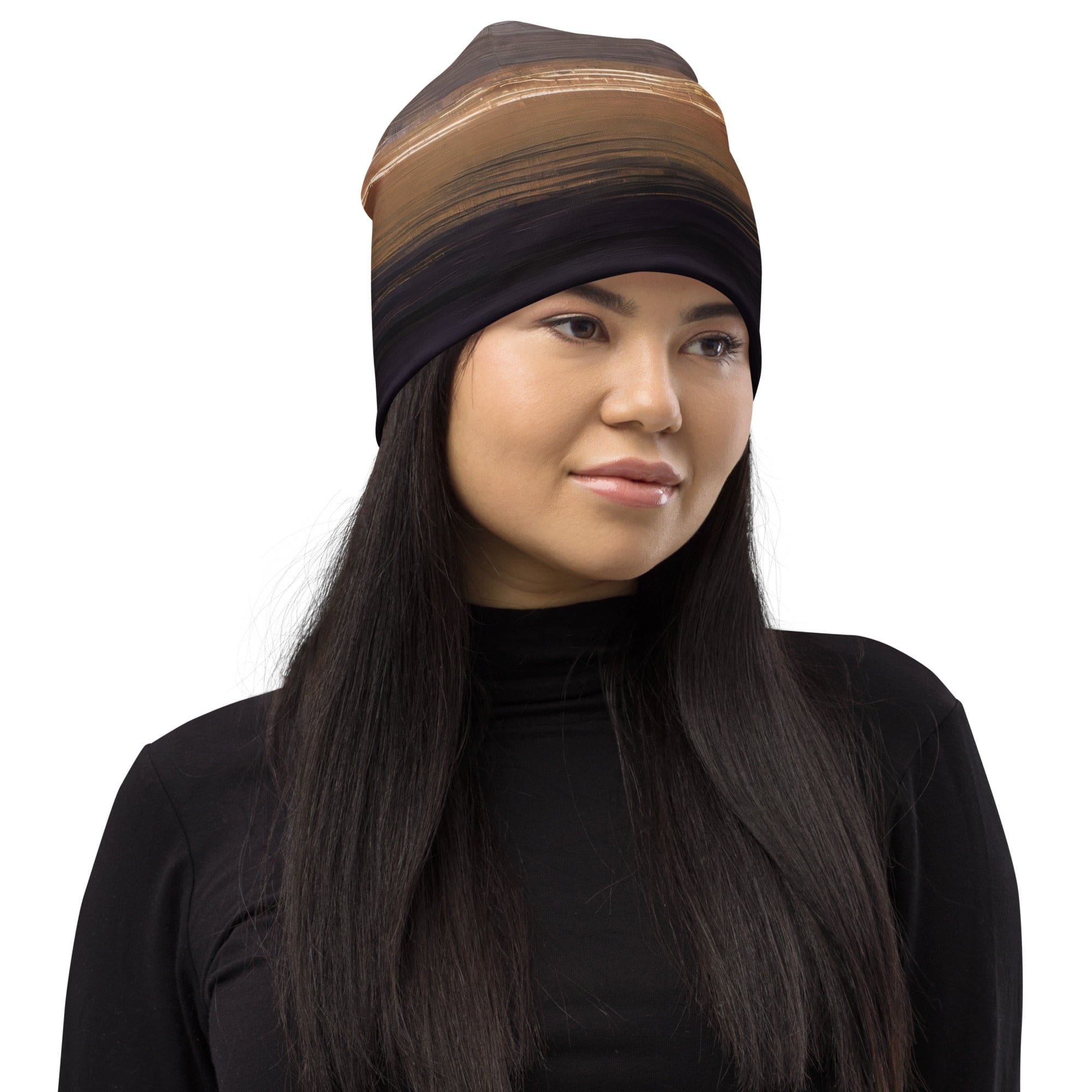 Double-layered beanie hat in rustic purple and brown design, showcasing its soft fabric and stylish appearance.